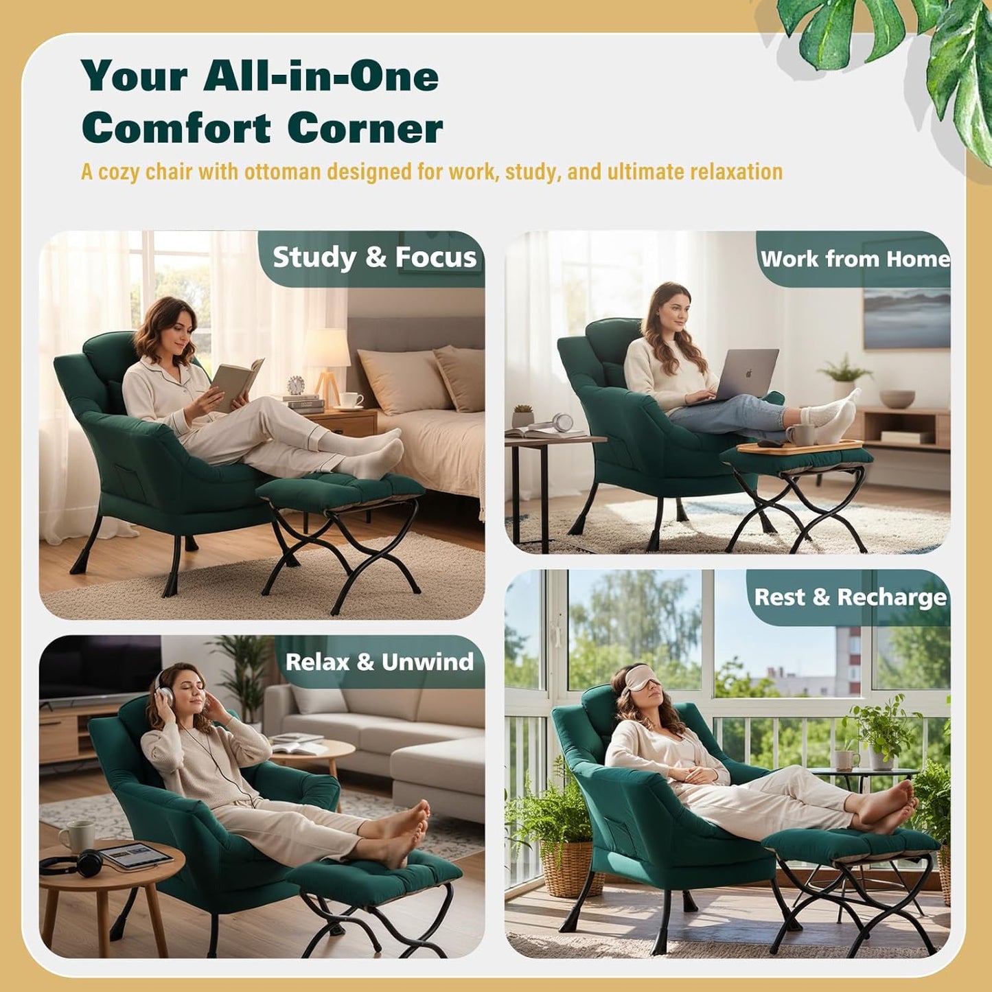 Lazy Chair with Ottoman, Large Accent Chair with Ottoman and a Throw Pillow, Dark Green Reading Chair for Living Room Bedroom Dorm Room Office Apartment Relaxing Use