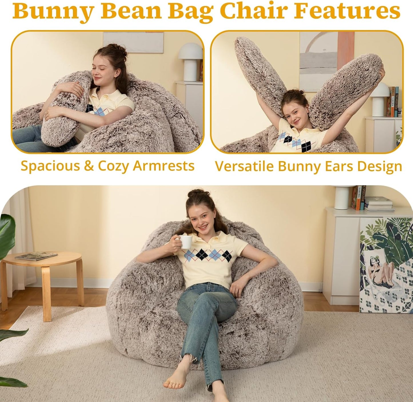 Bean Bag Chair for Adults Kids Giant Fluffy Plush Bean Bag Sofa with Filler Faux Fur Rabbit Shaped Beanbag Chairs Comfy Accent Floor Couch for Gaming, Reading in Bedroom, Living Room, Dorm