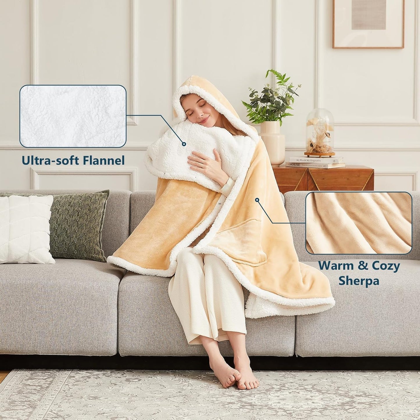 Heated Electric Blanket Shawl: Heating Throw Heated Poncho - Wearable Blanket Hoodie Wrap Sherpa with 10 Heat Levels & Multi Heating Time Settings (40x70'' Biege)