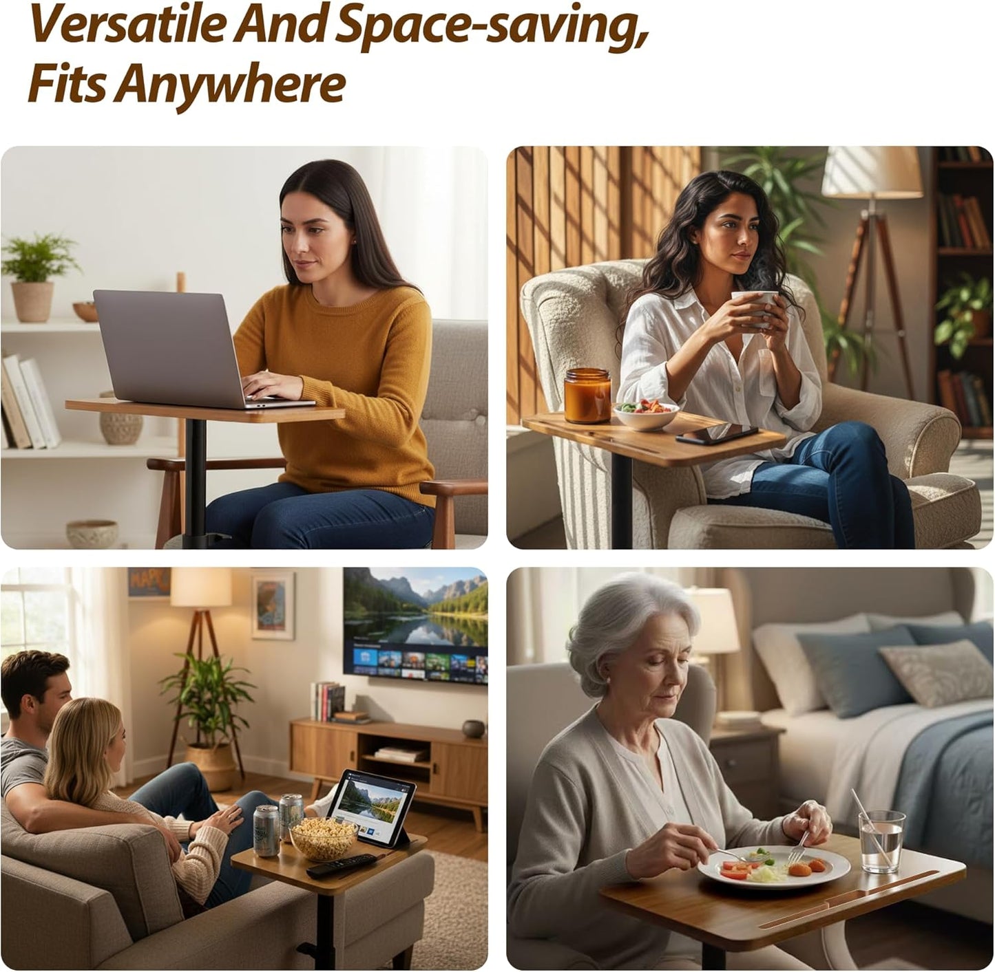 Couch Tray Table Adjustable Height/360 Swivel TV End Desk Sofa Armrest Side C Shaped Tables for Bed Stand Recliner Bedside Small Spaces, Living Room Bedroom, Portable Dining Desk for Coffee Eating