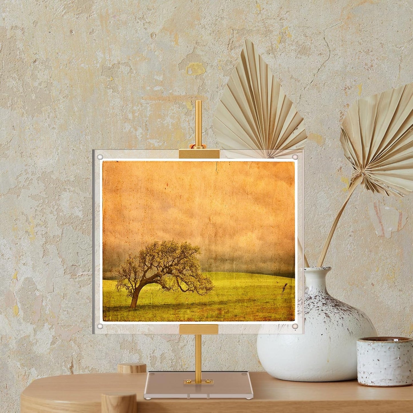 RattanView Gold Adjustable Metal Easel Stand with Acrylic Floating Photo Frame 16.5" Tabletop Metal Standing Easel Display Stand for Display Picture, Frame, Photos, Art, Poster, Signs