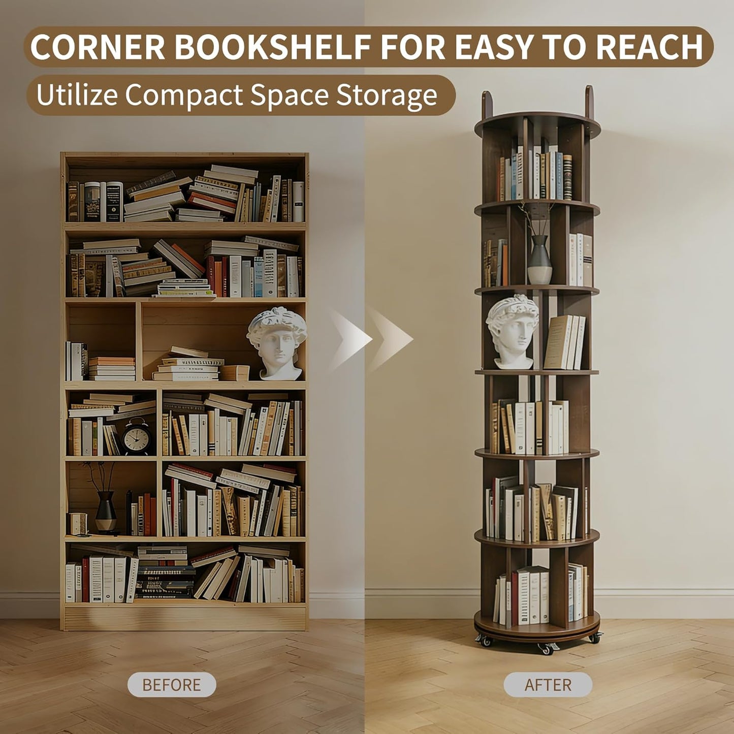 Kryonix Solid Wood Rotating Bookshelf on Wheels, Spinning Bookshelf Tower 5 Tier, 360° Revolving Bookcase, Multi-Functiona Corner Round Turning Book Shelf Organizer for Small Spaces, Walnut