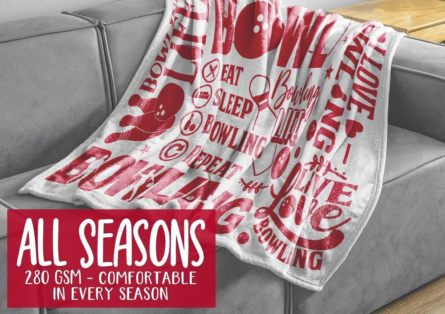 InnoBeta Bowling Throw Blanket - Let's Bowl - Flannel Blankets for Bowling Lovers - Bowling Gifts for Men, Women - 50" x 65" (White)