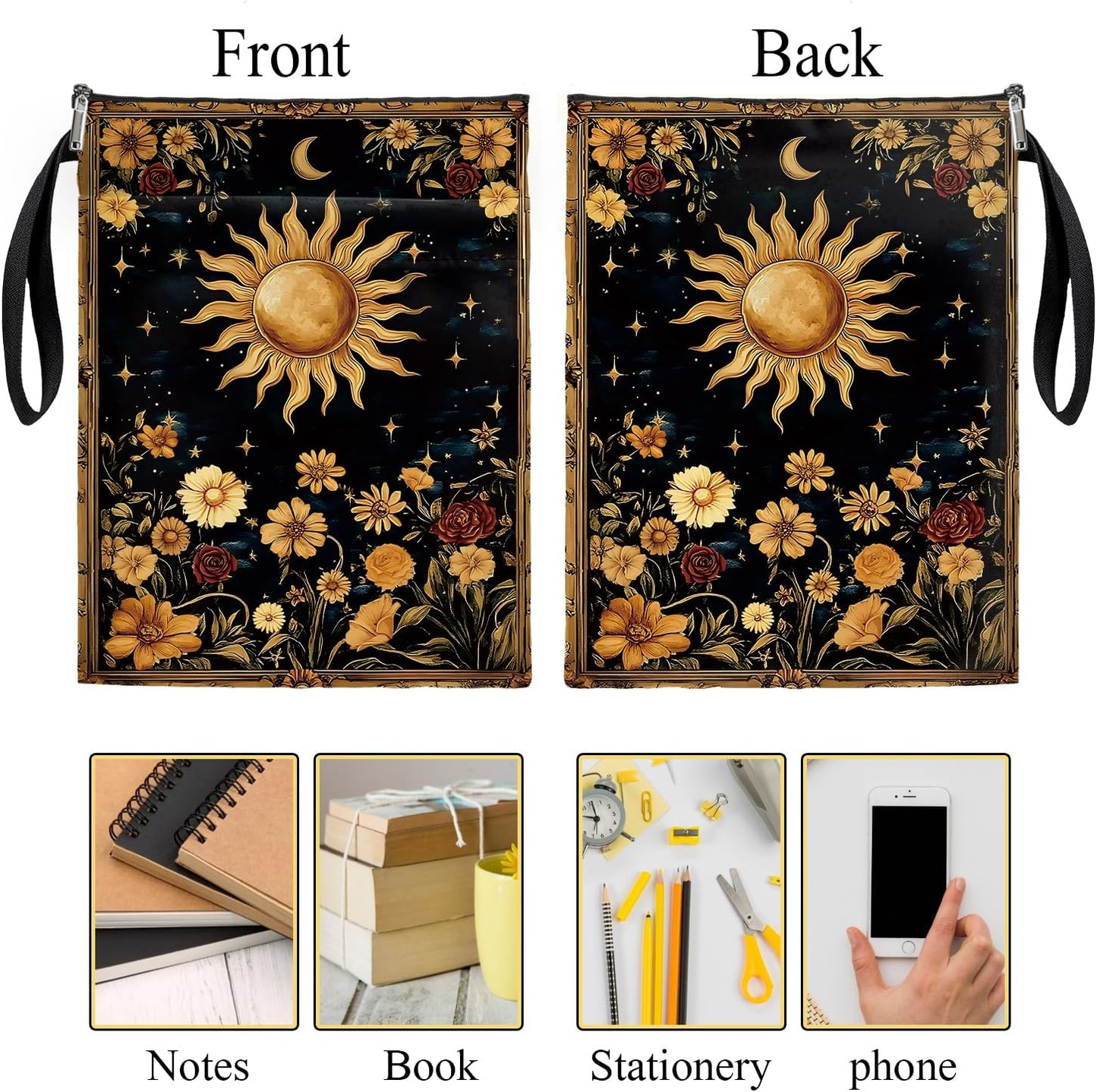 Mystic Sun and Moon Tarot Book Cover, Waterproof Book Sleeve with Zippered Front Pocket Retro Flowers Book Pouch for Book Lovers, Christmas, Birthday, Graduation Gifts (Flower&Moon, Large)