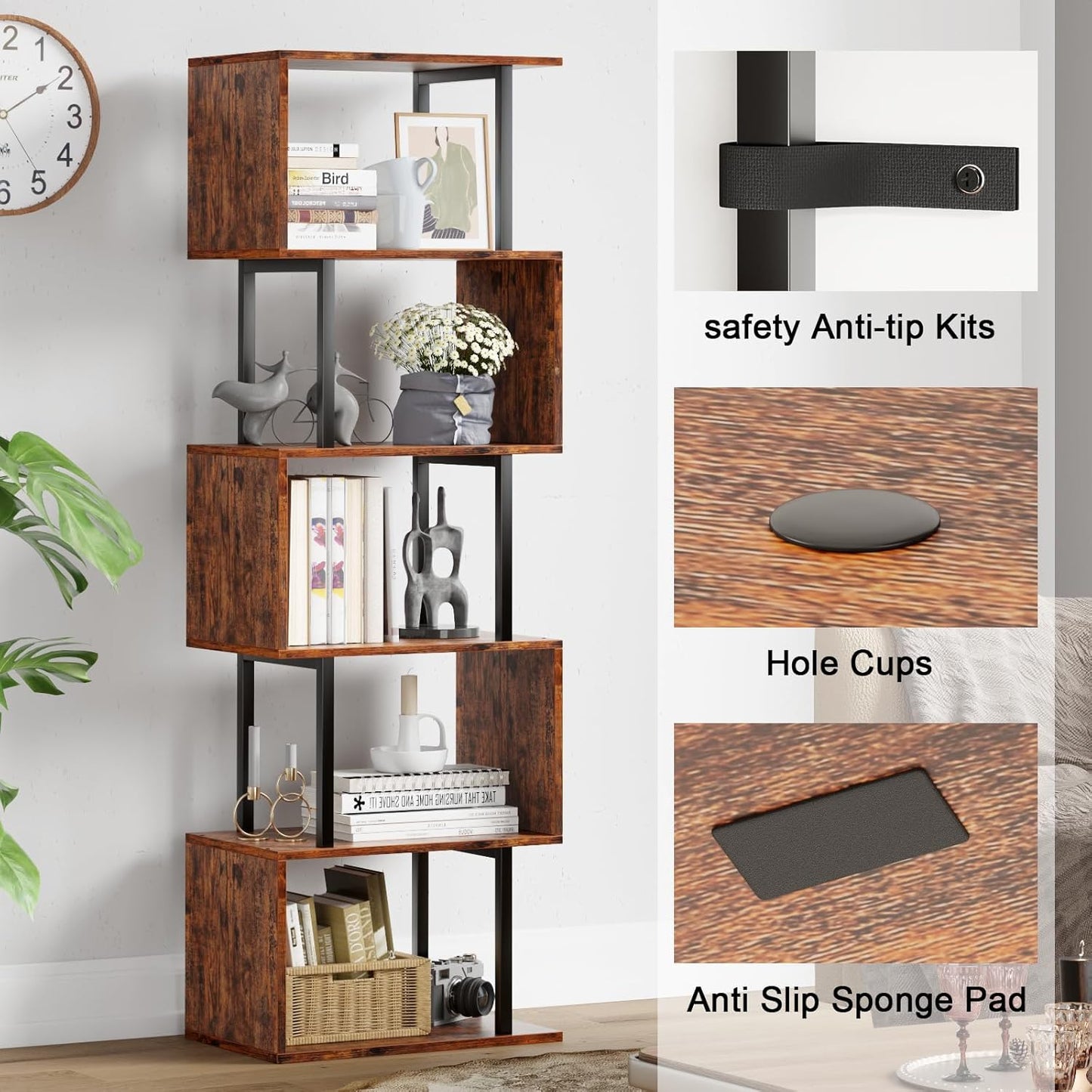 Furologee 6 Tier Bookshelf, Tall S Shaped Geometric Bookcase, Modern Display Shelf Standing Unit, Wood Metal Decorative Divider Rack for Living Room Bedroom Office, Rustic Brown | Tall, Bookcase, Display, Book Shelf, Decorative, Bookshelves