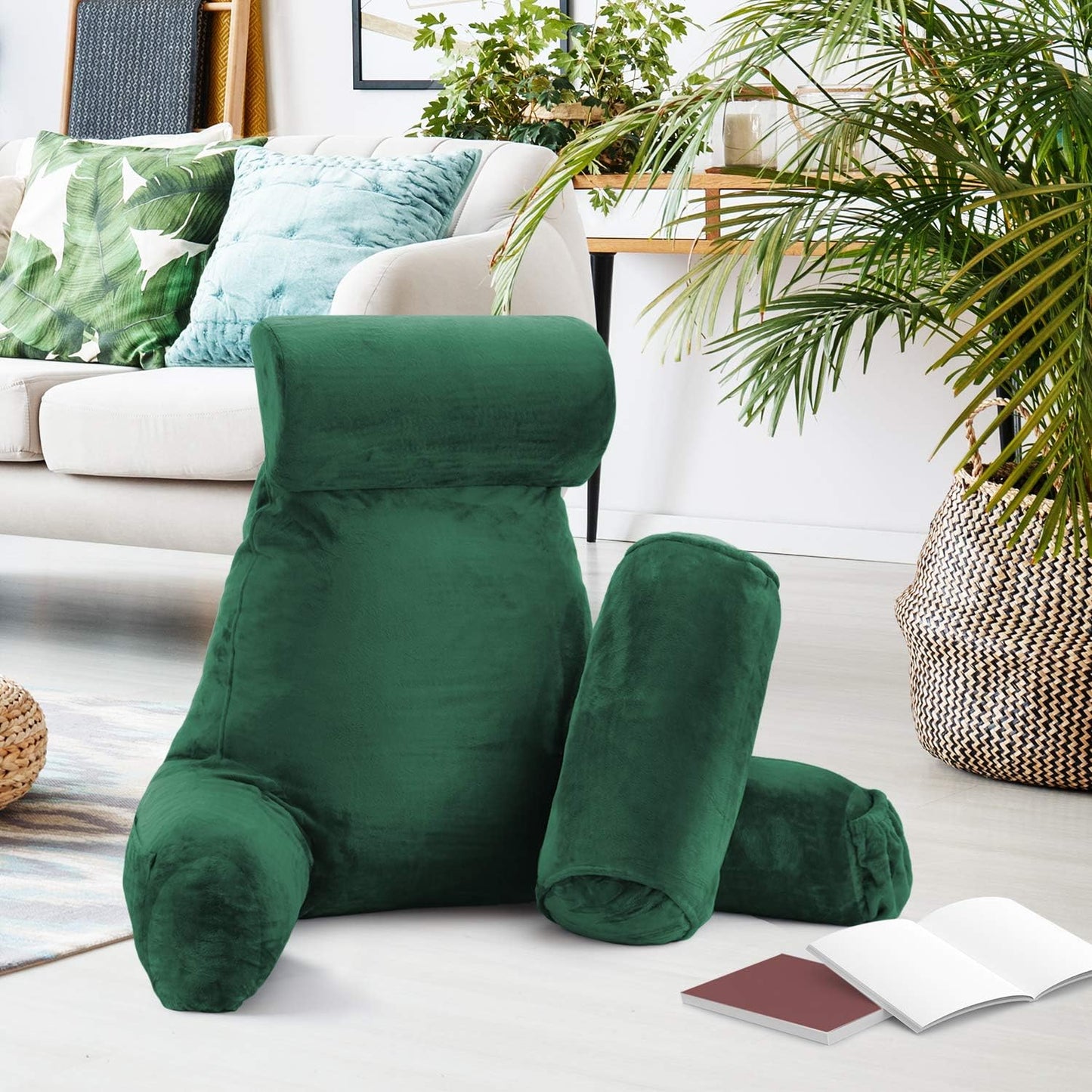Clara Clark Reading Pillow with Shredded Memory Foam Includes 2 Neck and Lumber Support Pillows, Designed for Sitting Up in Bed and Couch Back and Arms Adjustable Support for Adults & Teens Dark Green