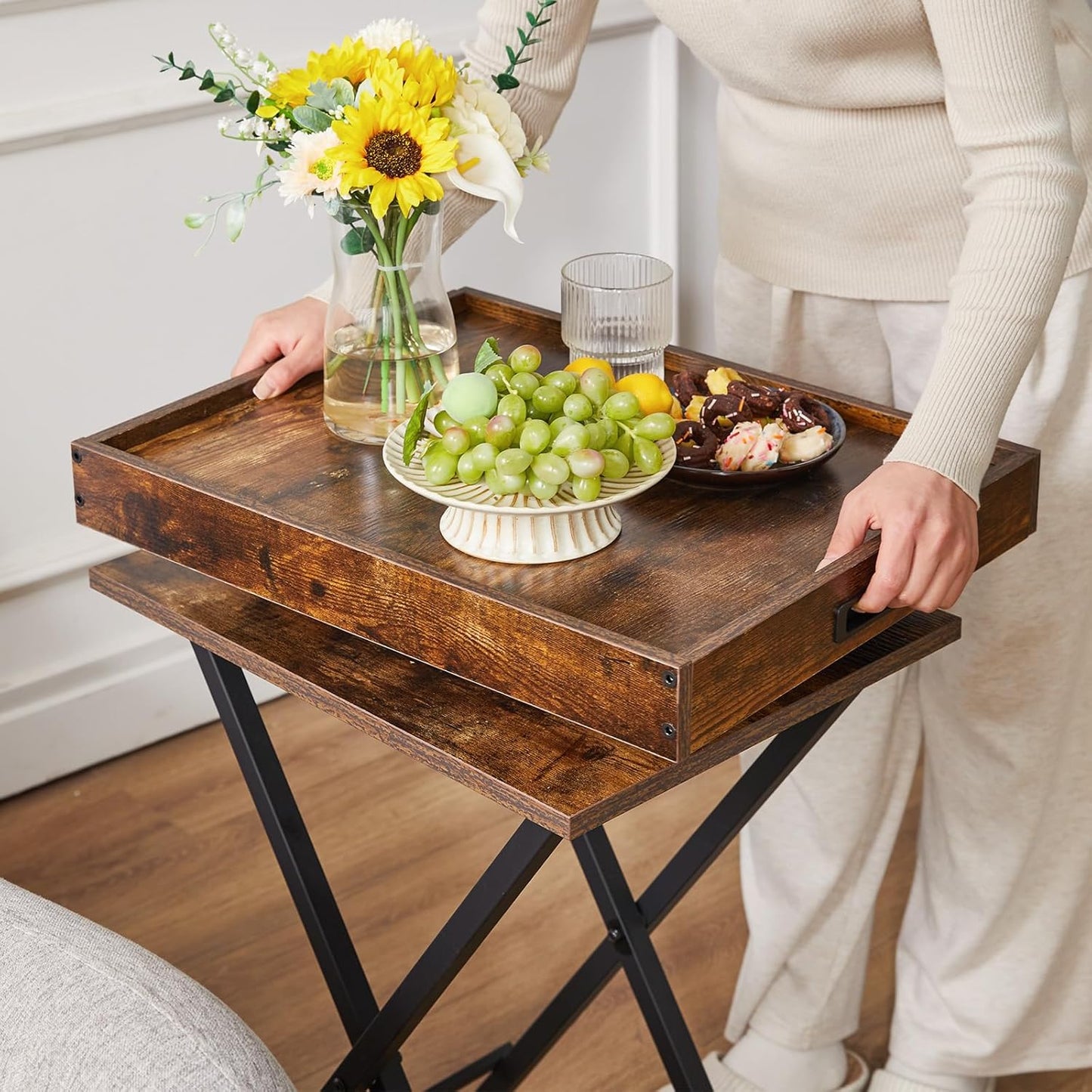 IBUYKE Foldable TV Tray Set of 2 TV,End Table with Removable Food Serving Tray,Portable Wooden Snack Table for Livingroom, Bedroom, Office, Camping,Rustic Brown, UTVT001H