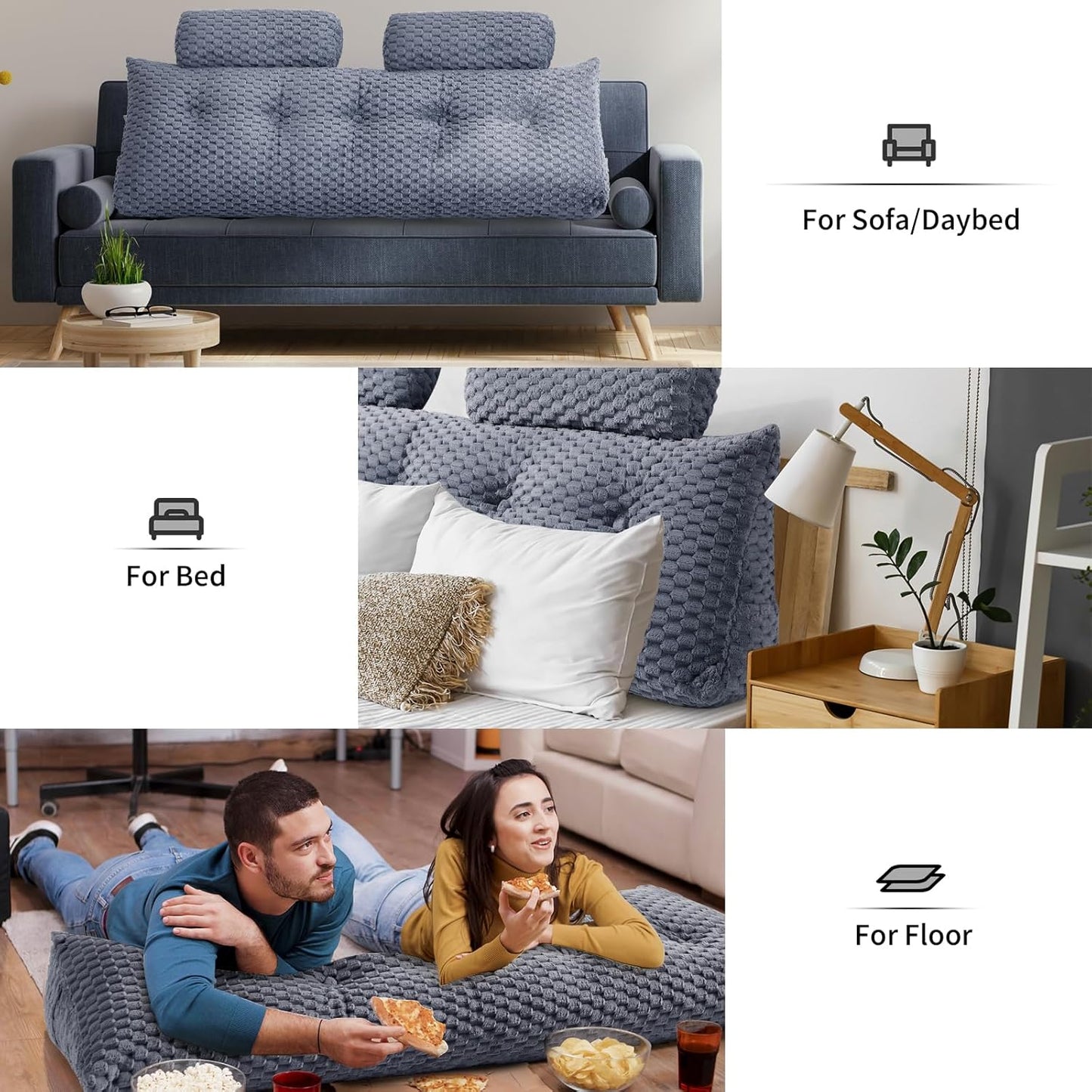 Wedge Headboard Pillow Queen- Bed Wedge Pillow for Headboard Triangular Headboard Pillow with Neck Roll Pillow-Large Bolster for Sitting in Bed Backrest Positioning Support (Grey,59x8x20 Inches)