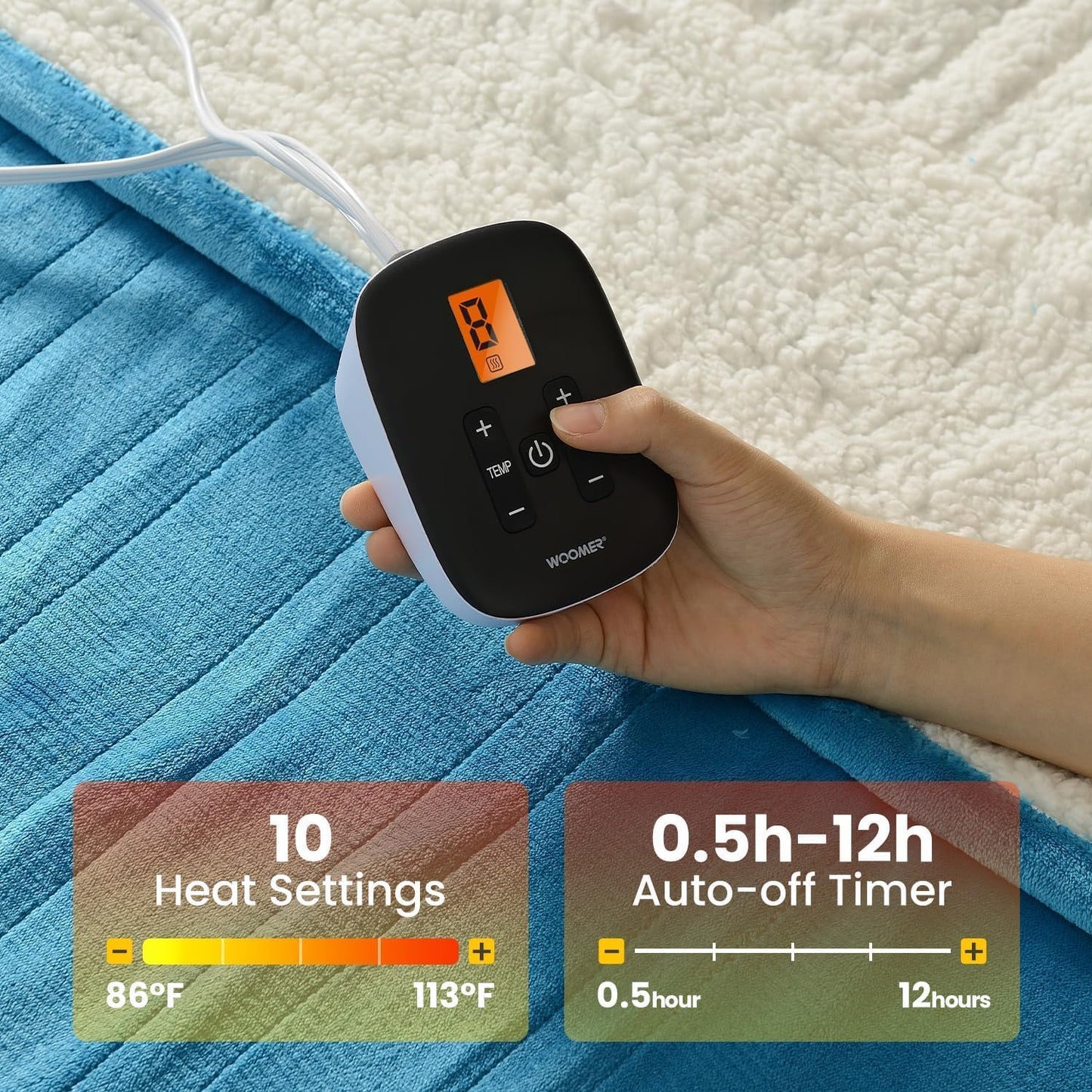 WOOMER Electric Blanket Full Size 77" x 84", Heated Blanket with 0.5-12 Hours Timer & 10 Heating Levels, ETL Certified, Teal Velvet & White Sherpa, Over-Heat Protect, Machine Washable