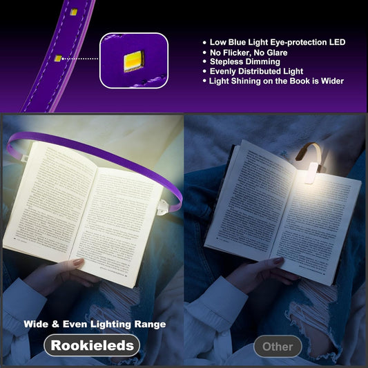 Rechargeable Book Light for Reading, 12 LED Eye-Care Reading Light, 4 Color Temperatures, Stepless Dimming, No Flicker, Evenly Distributed Lighting for Books, Perfect for Reader (Purple)
