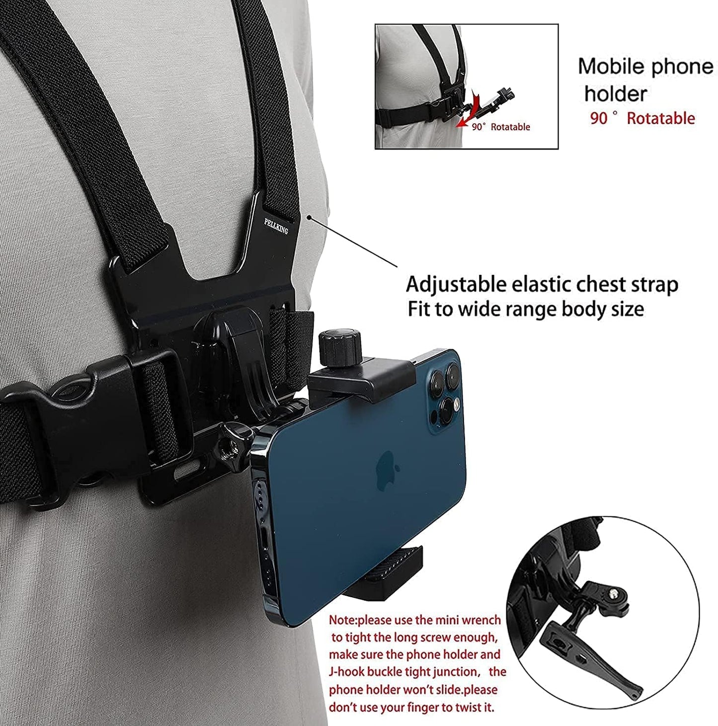 PellKing Mobile Phone Chest Strap Harness Mount Head Strap Holder Kit for POV/VLOG,Cell Phone Clip Compatible with iPhone,Samsung,GoPro Hero 9, 8,7, 6, 5, 4, 3,2, 1,AKASO,DJI Osmo,and Action Cameras…