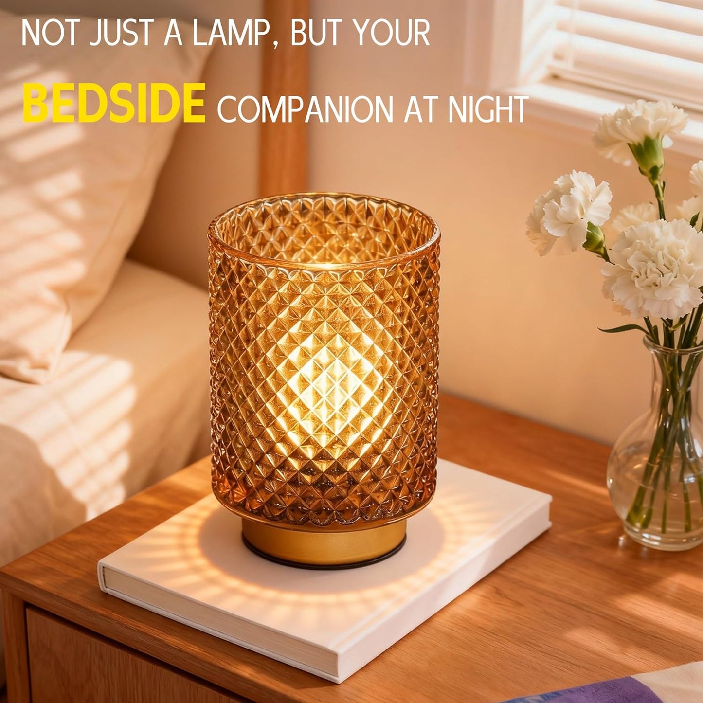 Battery Operated Lamp,Cordless Glass Accent Table Lamp with Timer for Bedside,Small Decorative Lamp with Warm White LED Bulb for Nightstand/Bookshelf/Entryway/Tabletop Counter Decor(Amber)
