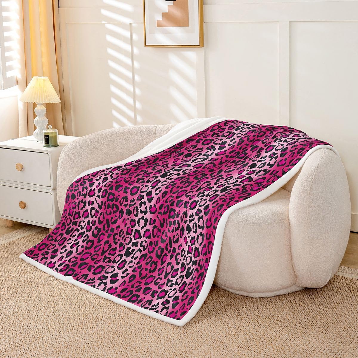 Feelyou Leopard Print Sherpa Blanket, 50x60 Inch, Pink, Animal Print, Microfiber, Throw Blanket, Modern, Unique Design, Multi-purpose, Heavy Weight, Suitable for Reading, Napping, Camping, Travel