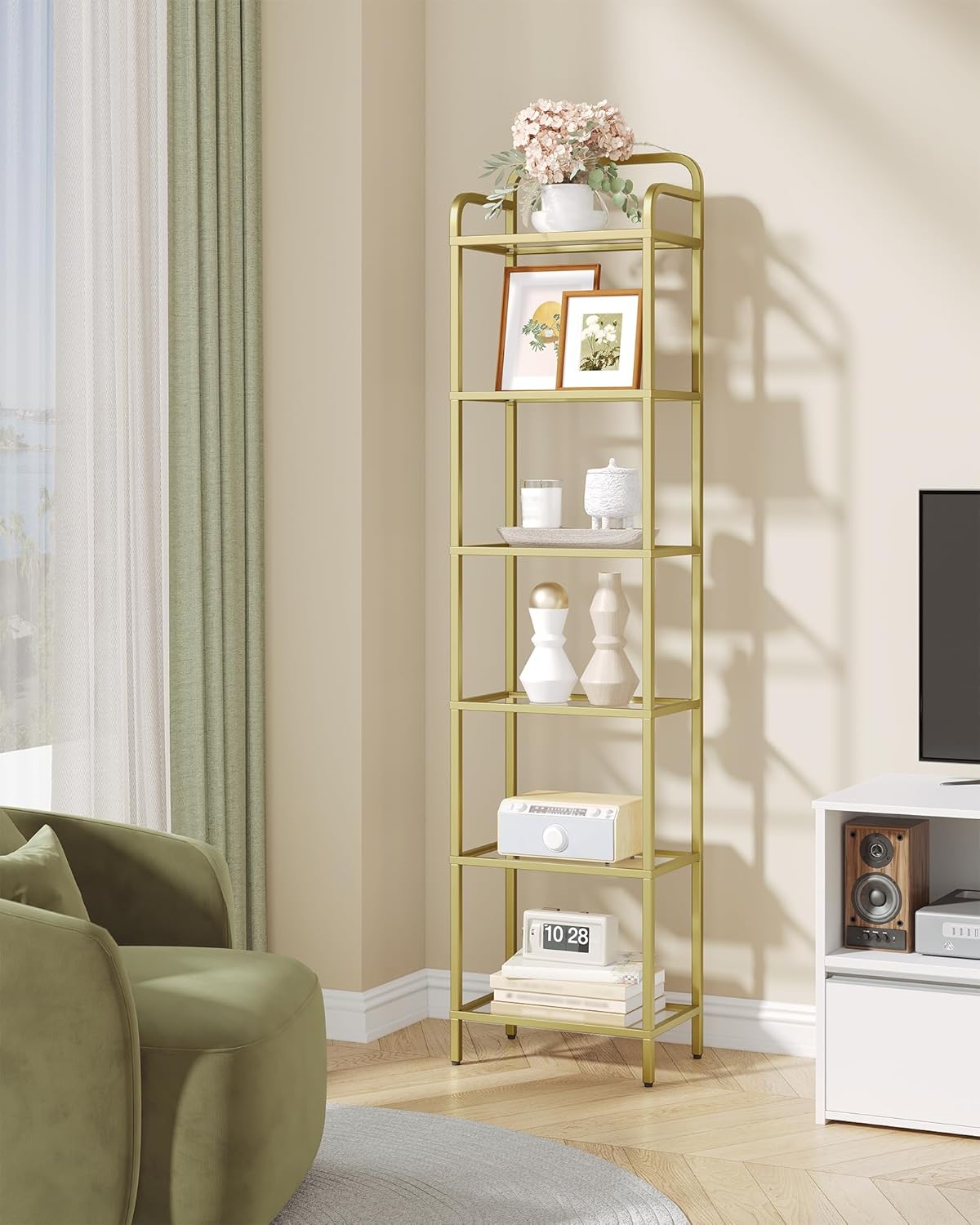 Bookshelf, Tall Narrow Bookcase with LED Lights, Tempered Glass Bookshelves with Steel Frame, Display Shelf, Slim Shelving Unit for Living Room, Bedroom, 9.6"D x 15.4"W x 66.5"H Gold BC34699G