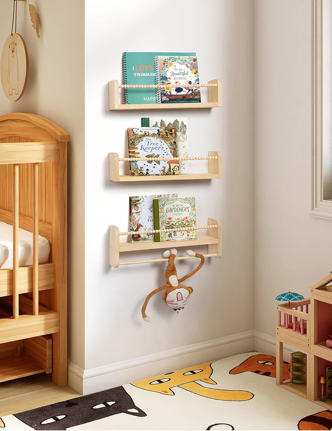 Nursery Floating Shelves for Wall, Set of 3 Book Shelves Natural Wood Wall Mounted Organizer with Towel Bar Hanging Bookshelves Nursery Decor for Kids Room, Bedroom and Kitchen
