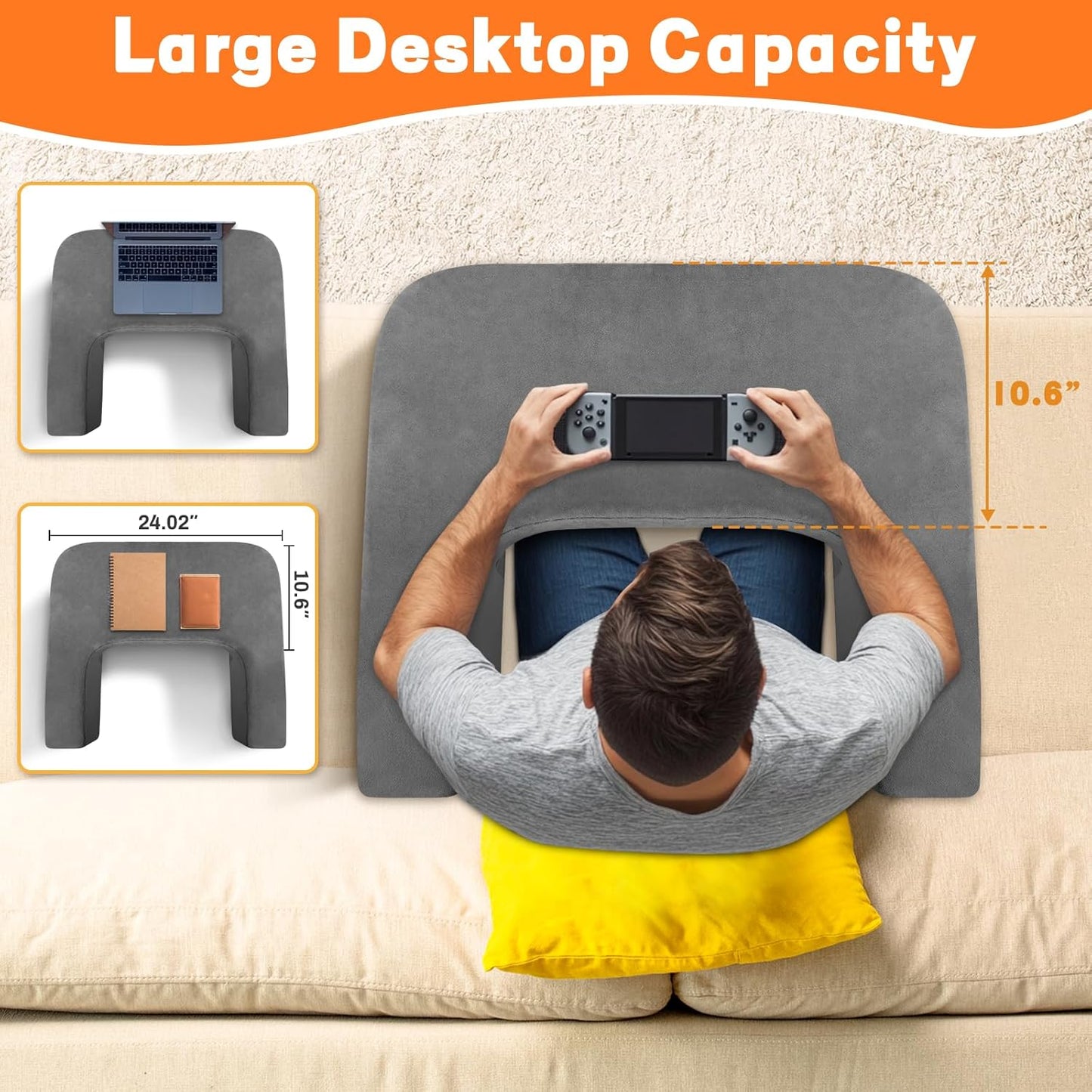 Reading Pillow for Sitting in Bed Adult Size, Back Pillow for Bed Sitting Up, Memory Foam Gaming Pillow, Lap Pillow with Triangular Pillow, Grey Bed Desk for Laptop and Writing/Gaming