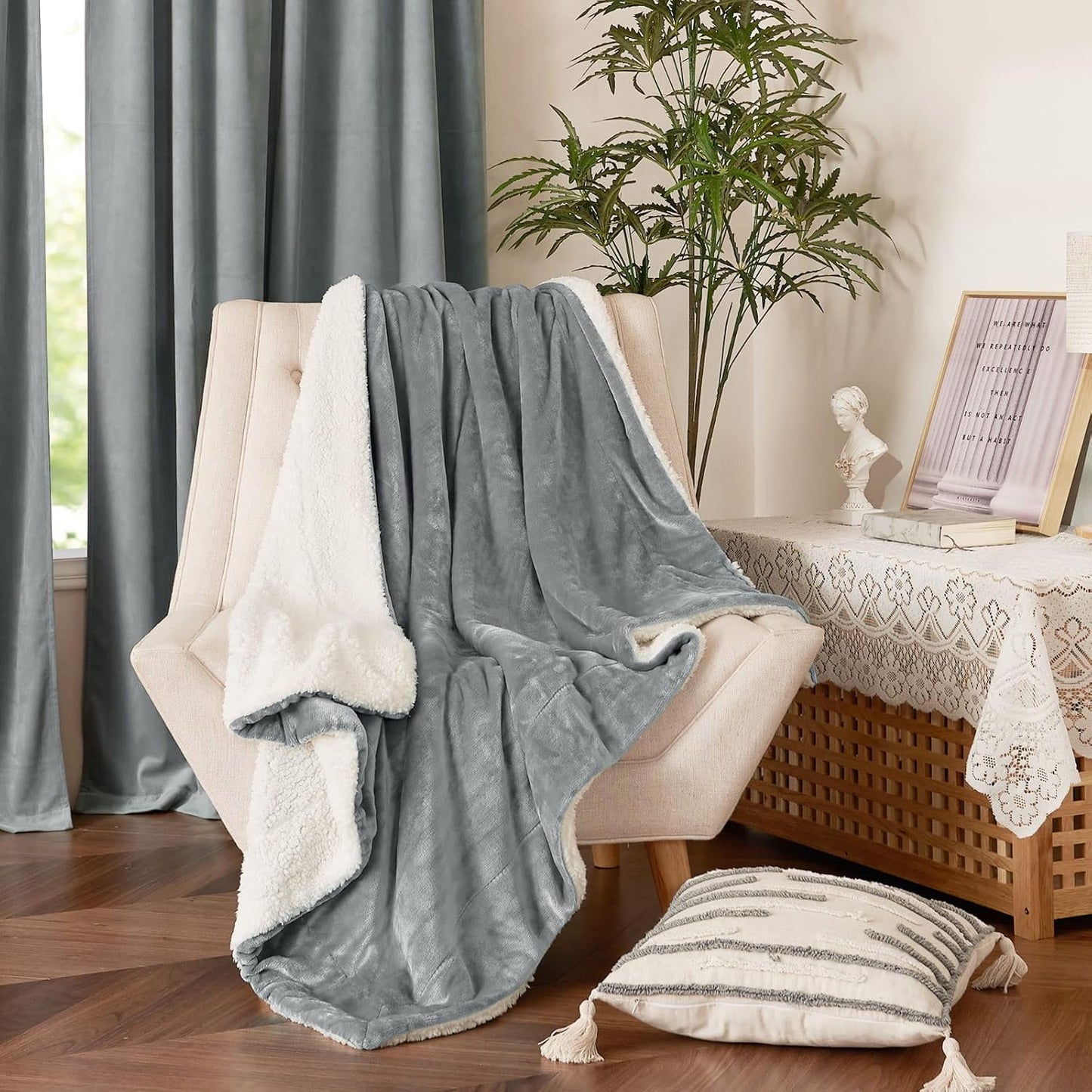 NICETOWN Sherpa Blanket Thick Soft Comfy Light Grey Dual Sided Lightweight Fleece Car Blankets for Camper RV, Cozy Warm Throw Blanket for Baby/Couch/Sofa/Bed, 50 inches x 60 inches