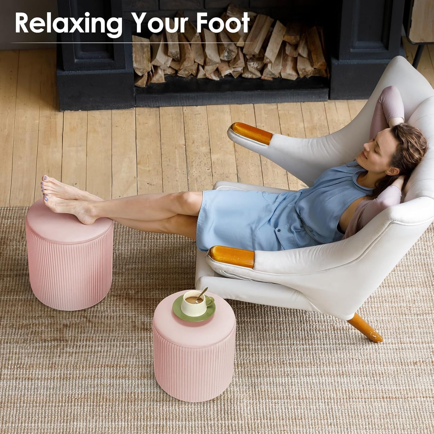 Ottoman with Storage, 2 Set Round Velvet Vanity Stool, Storage Ottoman for Bedroom Living Room, Modern Multifunctional Coffee Table Foot Stool for Dorm (Pink)