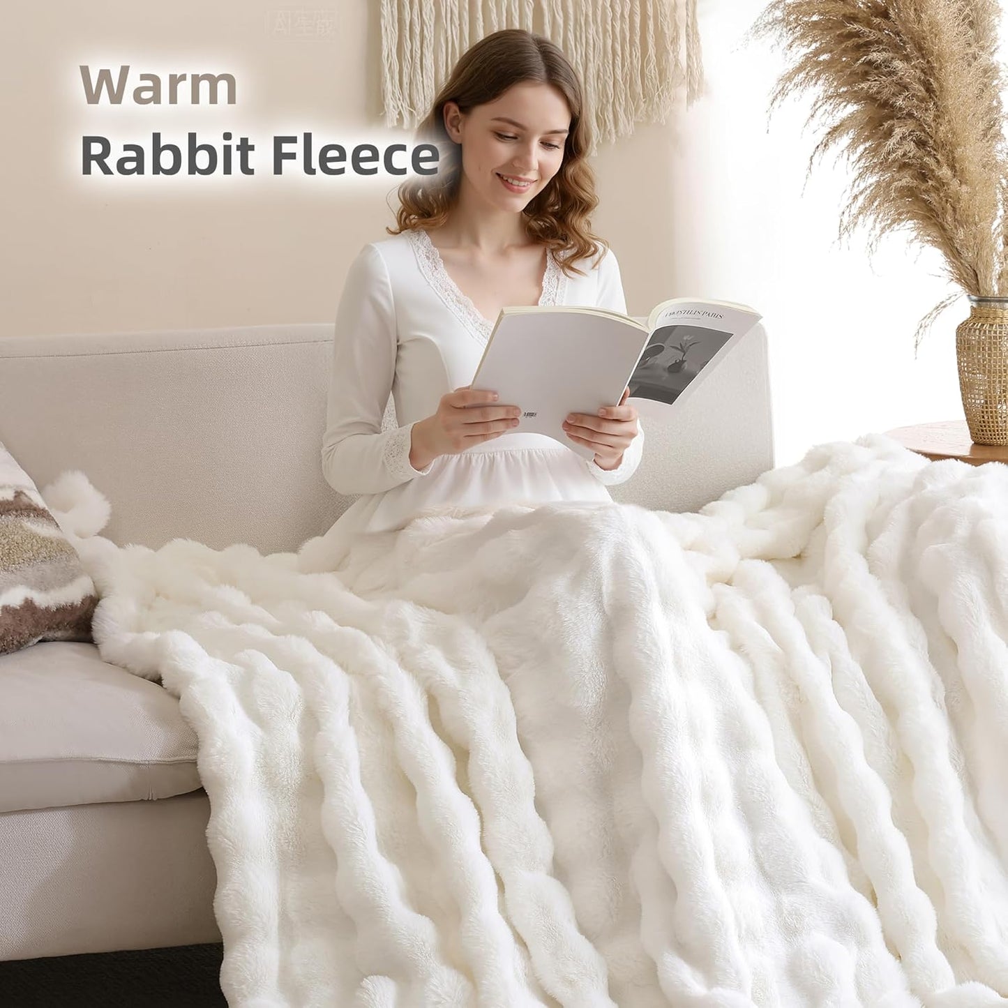 Smoofy Faux Fur Throw Blanket for Couch – Cream White Fluffy Cozy Rabbit Fleece, Plush Soft Bubble Blanket for Sofa & Bed, for Mom, Warm Fuzzy Home Room Decor Throw 50" x 60"