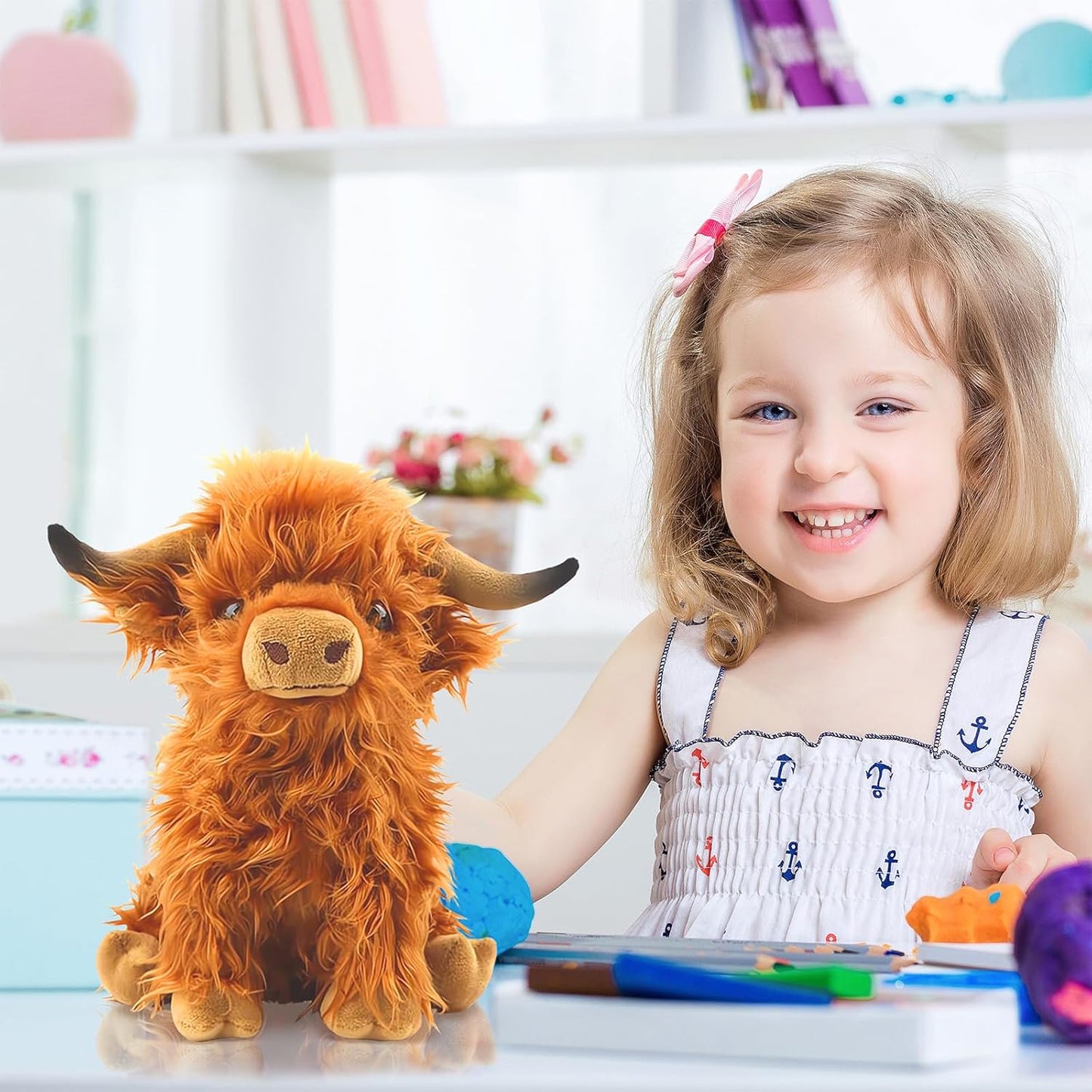 Highland Cow Stuffed Animal Toy, Cute Realistic Highland Cow Plush Toy Fluffy Farm Highland Cow Plushies Decor Gifts for Girls Boys Adults (Brown Highland Cows)