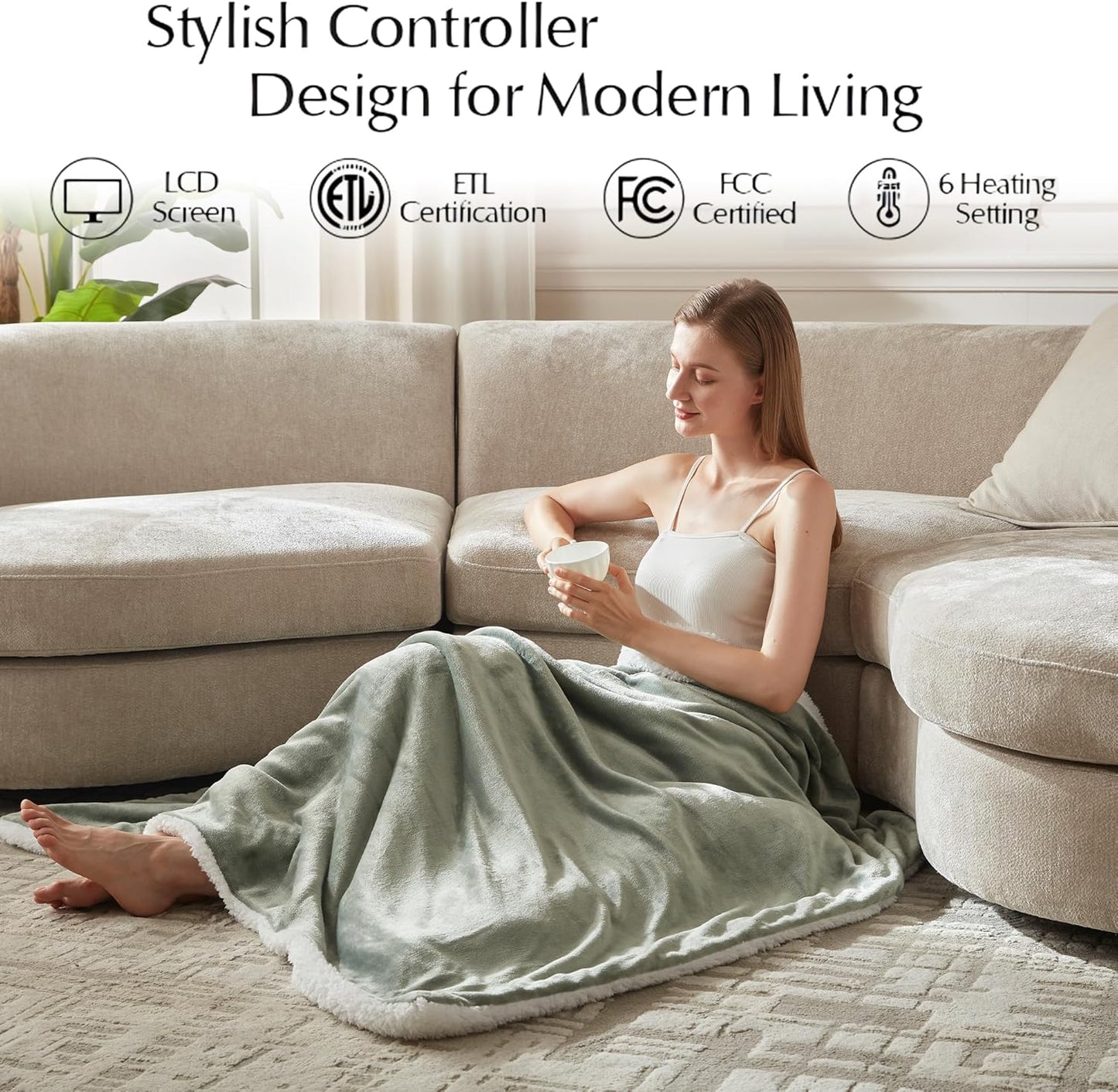 Electric Heated Blanket Throw Size, Soft and Cozy Thickened Flannel and Sherpa Electric Blanket for Bed, Automatic Safety System 6 Heating Levels & 10 Hours Auto-Off, 50"x60" Icelandic Green