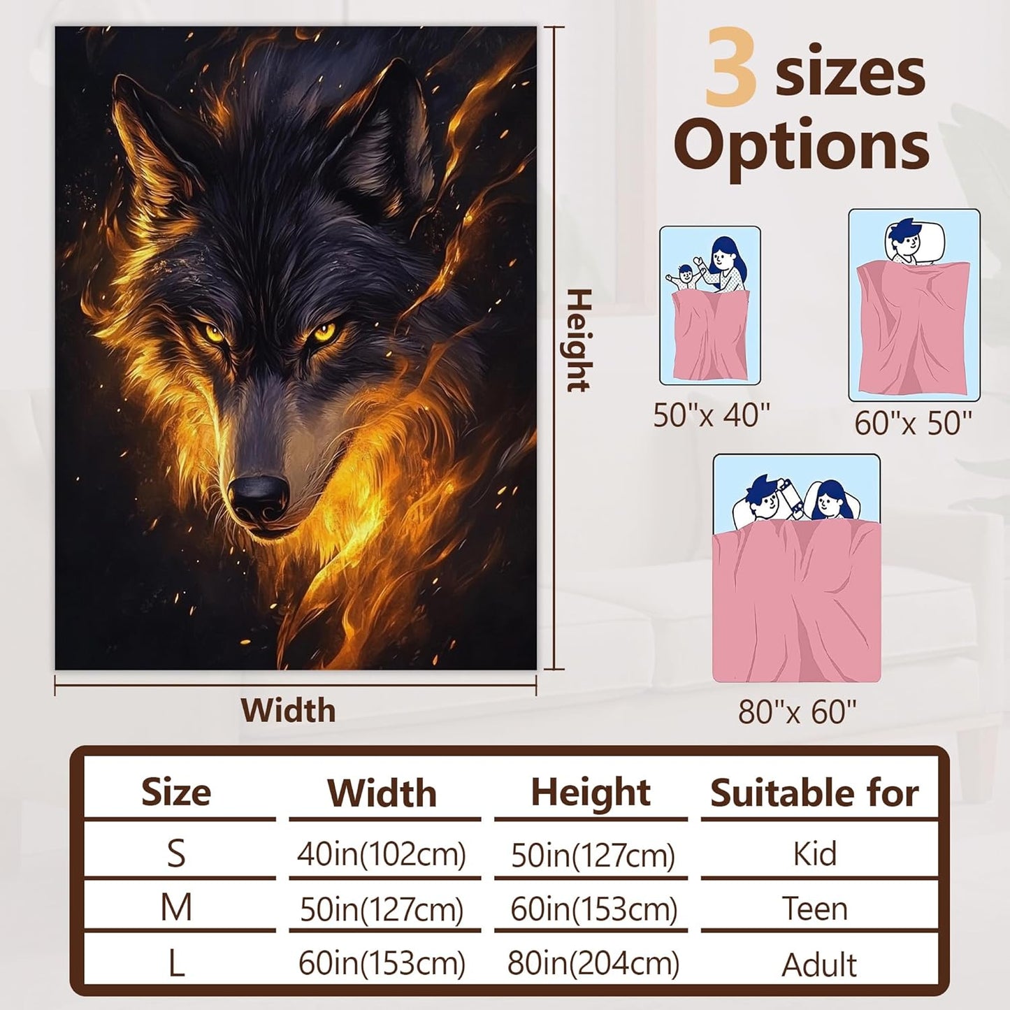 Cool Wolf Fall Throw Blanket,Animal Cozy Plush Fluffy Blanket for Living Room Decor,Lightweight Fleece Throws for Couch,Bed,Traveling,Naps,Reading,50 X 60 Inch