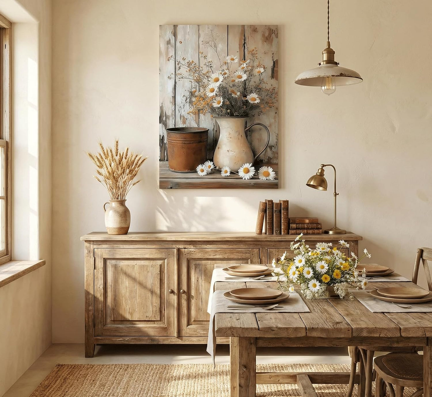 Rustic Farmhouse Daisy Floral Canvas Wall Art Vintage Neutral Country Wall Decor Picture Still Life In Vase Poster Print for Bathroom Living Room Bedroom Home Paintings Decoration Prepare To Hang