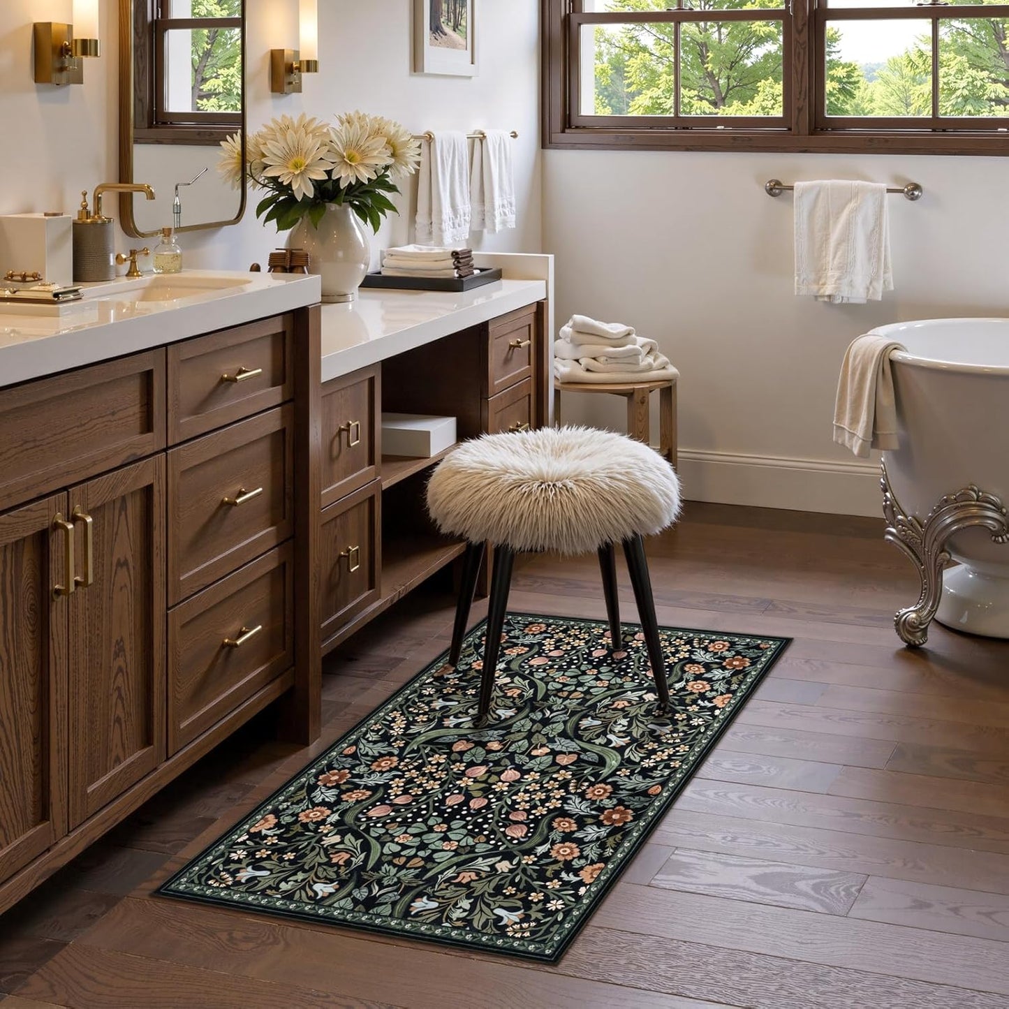 Moynesa Floral 2x3 Entryway Rug, Washable Kitchen Rugs Non Slip Front Door Mat for Indoor Entrance, Boho Ultra Thin Small Rug Soft Botanical Throw Carpet for Bathroom Bedroom, Black