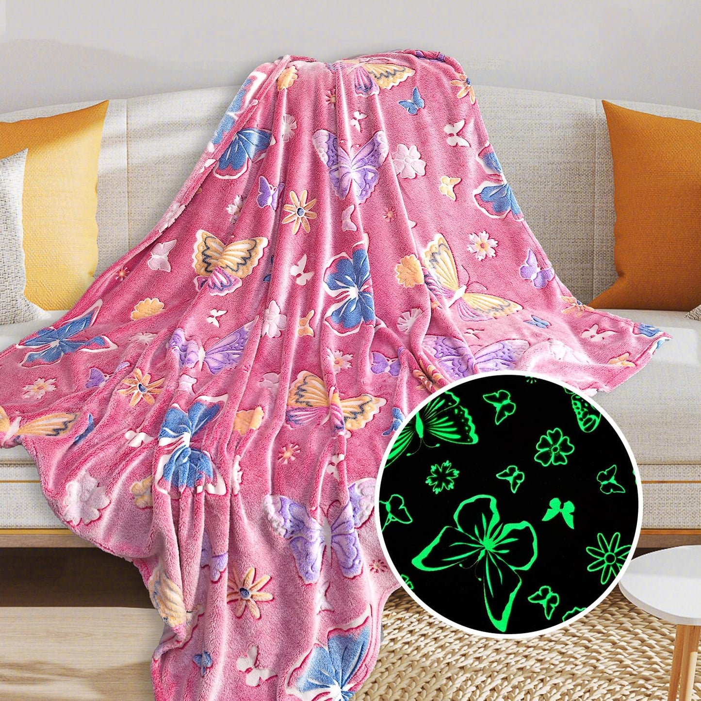 Glow in The Dark Pink Butterfly Blanket for Girls Fuzzy Cozy Warm Soft Fleece Glowing Throw for Couch Bed Sofa Unique Birthday Gifts Blankets for Teens(Butterfly,50X60)