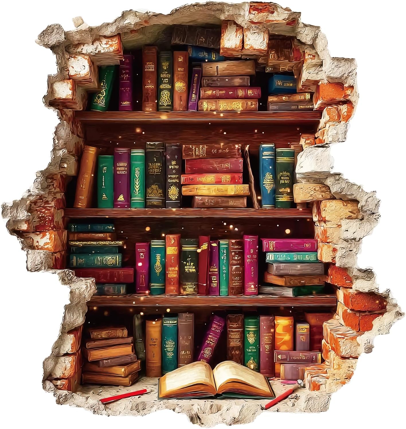 PLIGREAT Vintage Book Break Through Wall Decals, 3D Broken Wall Stickers Removable Vinly Bookshelf Mural Stickers for Reading Room Bedroom Living Room Home DIY Decor, 2 Sheets