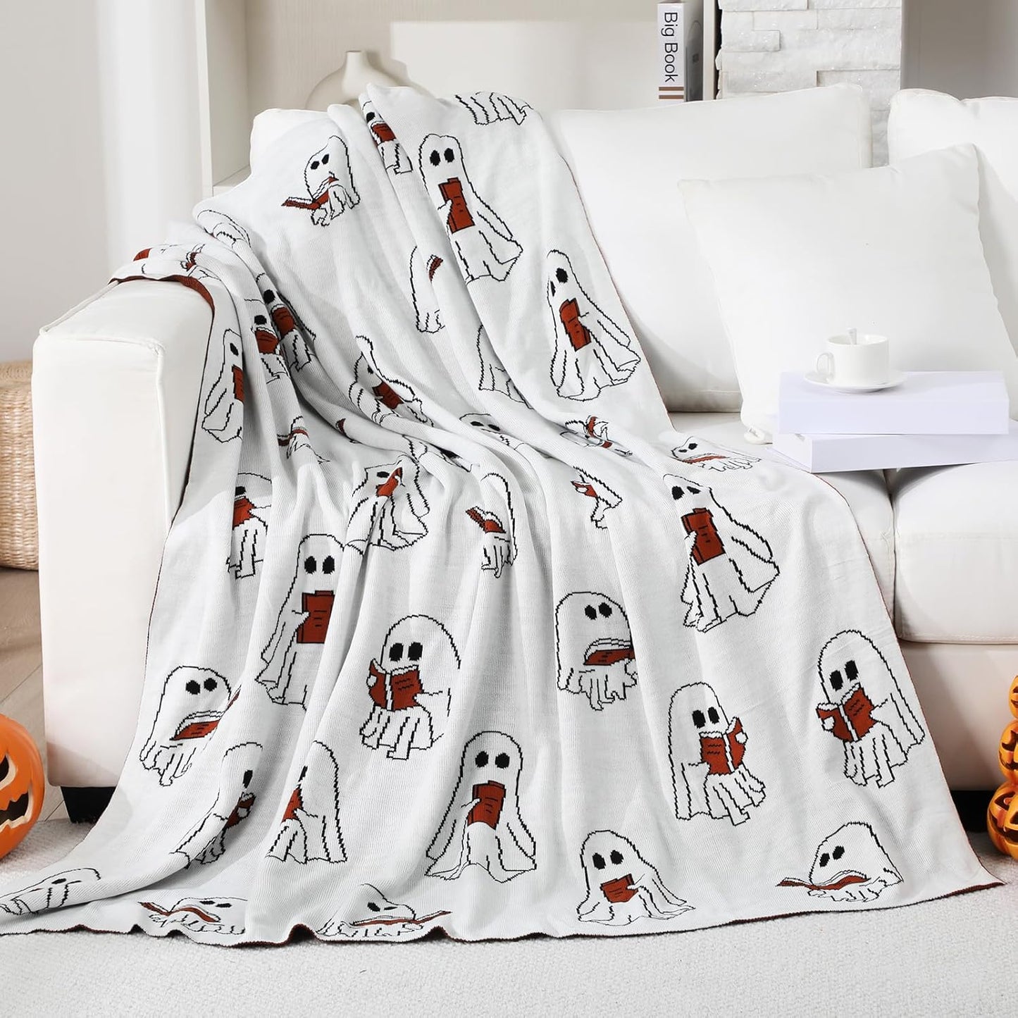Easter Day Halloween Ghost Reading Book Blanket 50 x 60 Inches Soft Knit Throw with Ghosts Reading Book Pattern Halloween Easter Decoration Gift for Living Room Couch Sofa Bed