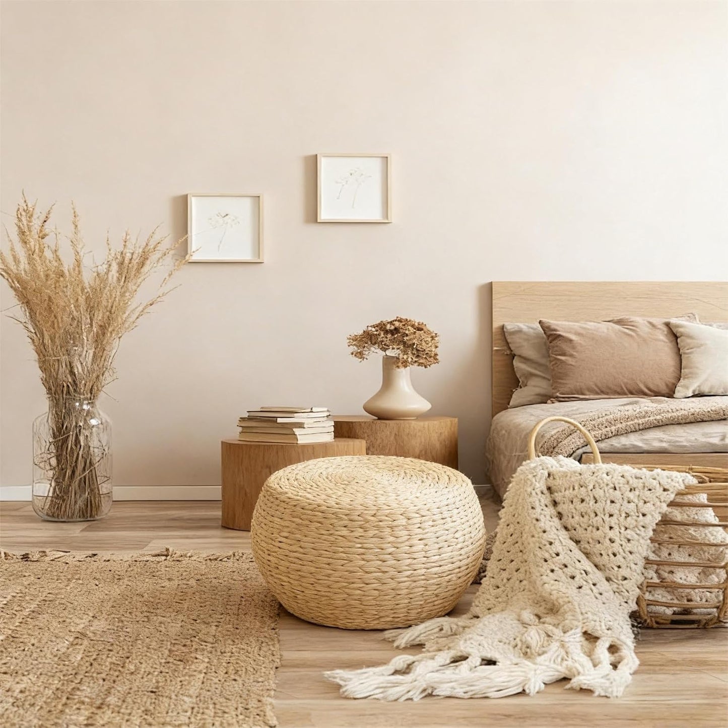 Natural Straw Round Pouf Ottoman, Handwoven Boho Footstool with Wood Frame for Living Room Bedroom Patio Garden (12.2"x12.2"x8.7")