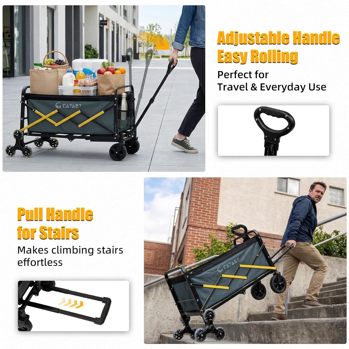 Folding Utility Cart with Triangular Wheels, 2 in 1 Collapsible Wagon for Stairs, Multi-Scene Stair Climbing Wagon, Lightweight Hand Truck with Telescoping Handle for Grocery, Laundry, Moving, Office