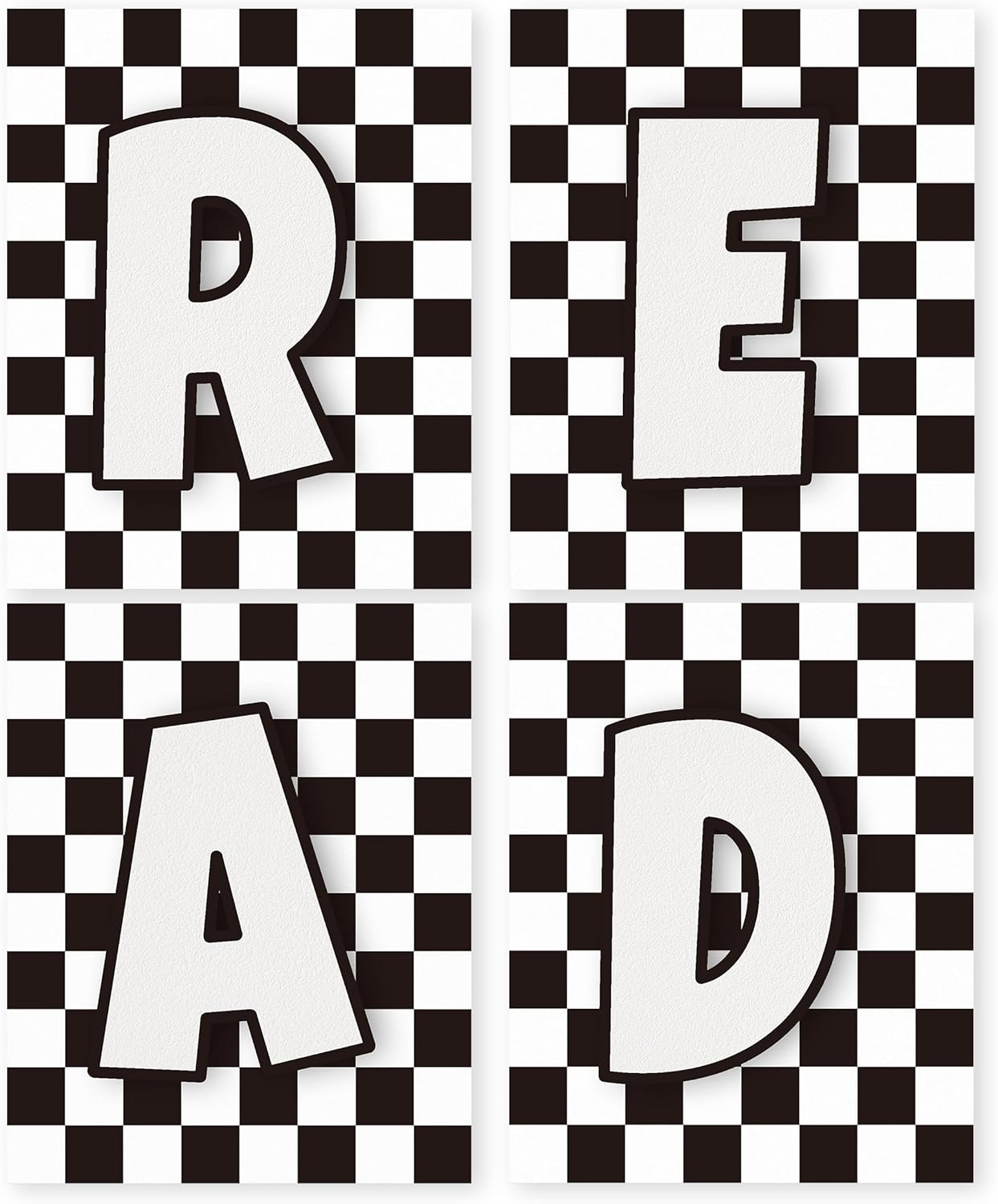 HRQKO Read Checkered Wall Art Poster Prints Set of 4, Reading Corner Decor, Black and White Reading Artwork Printing Posters Wall Decor, Read Sign Prints for Kids Boys Room Playroom 8”x10” Unframed