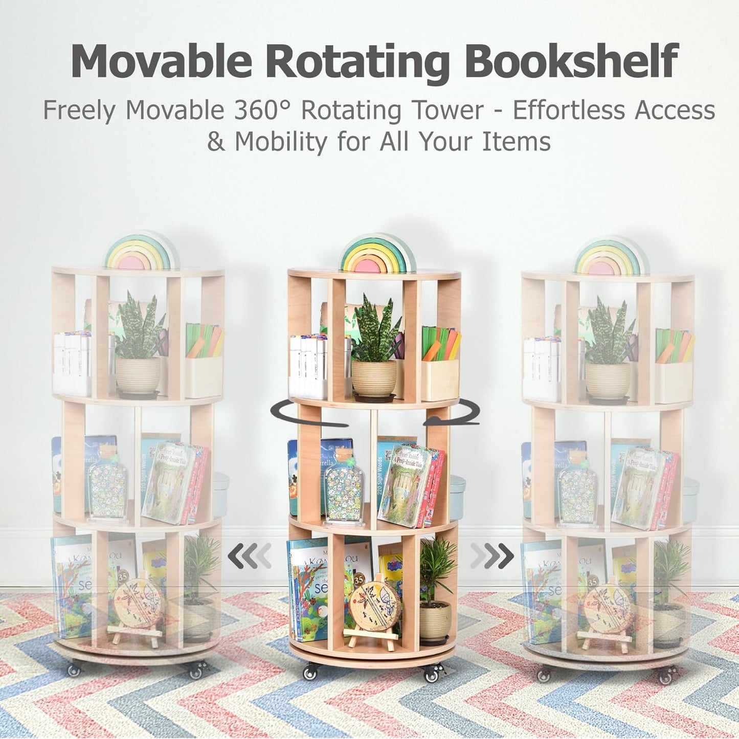 3-Tier Kids Rotating Bookshelf Tower with Lockable Wheels, 360 Display Montessori Storage Rack for Small Spaces, Kids Rooms, and Home Offices