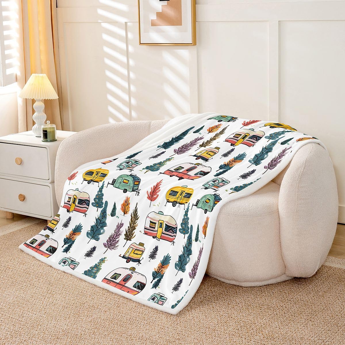 Feelyou Camping Sherpa Throw Blanket for Couch Happy Camping Super Soft Cozy Fleece RV Camper Blanket for Winter, Plush Throw 40"x50" All Season