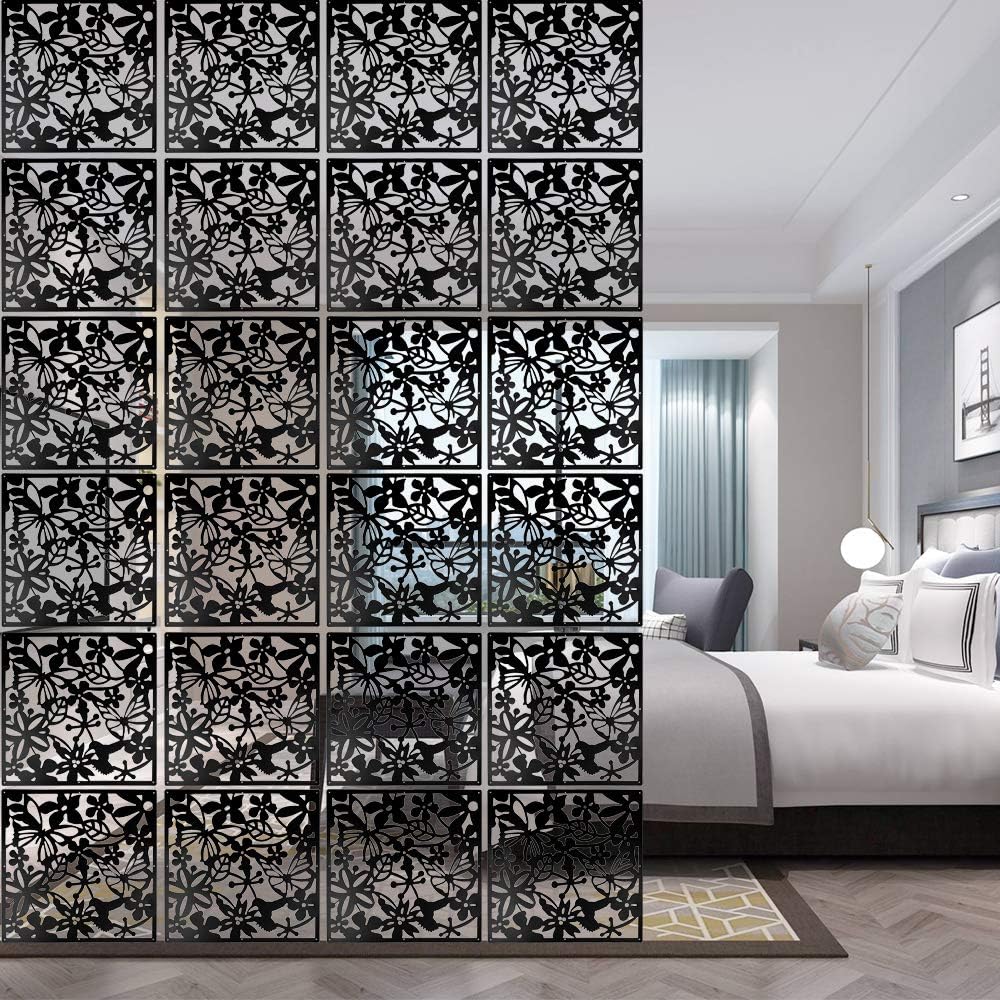 ANMINY 24 PCS Hanging Room Divider Flower Carving Pattern Panels Decorative Wall Screen Panel Hollow Out Design for Living Dining Room Kitchen Bedroom Office Bar Restaurant Home Hotel Decor - Black
