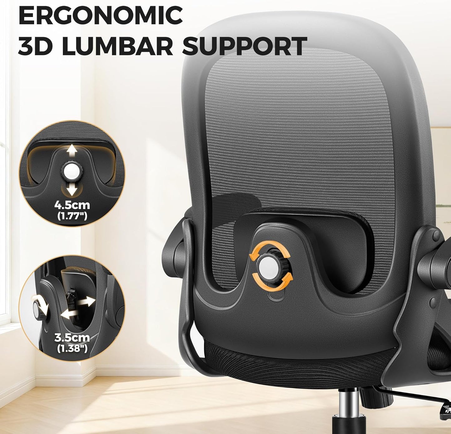 Primy Desk Chair Ergonomic Office Chair with Adjustable 3D Lumbar Support and Height, Comfy Mesh Computer Chair with Flip-up Armrests, Swivel Rolling Task Chair with Wheels for Home Office (Black)