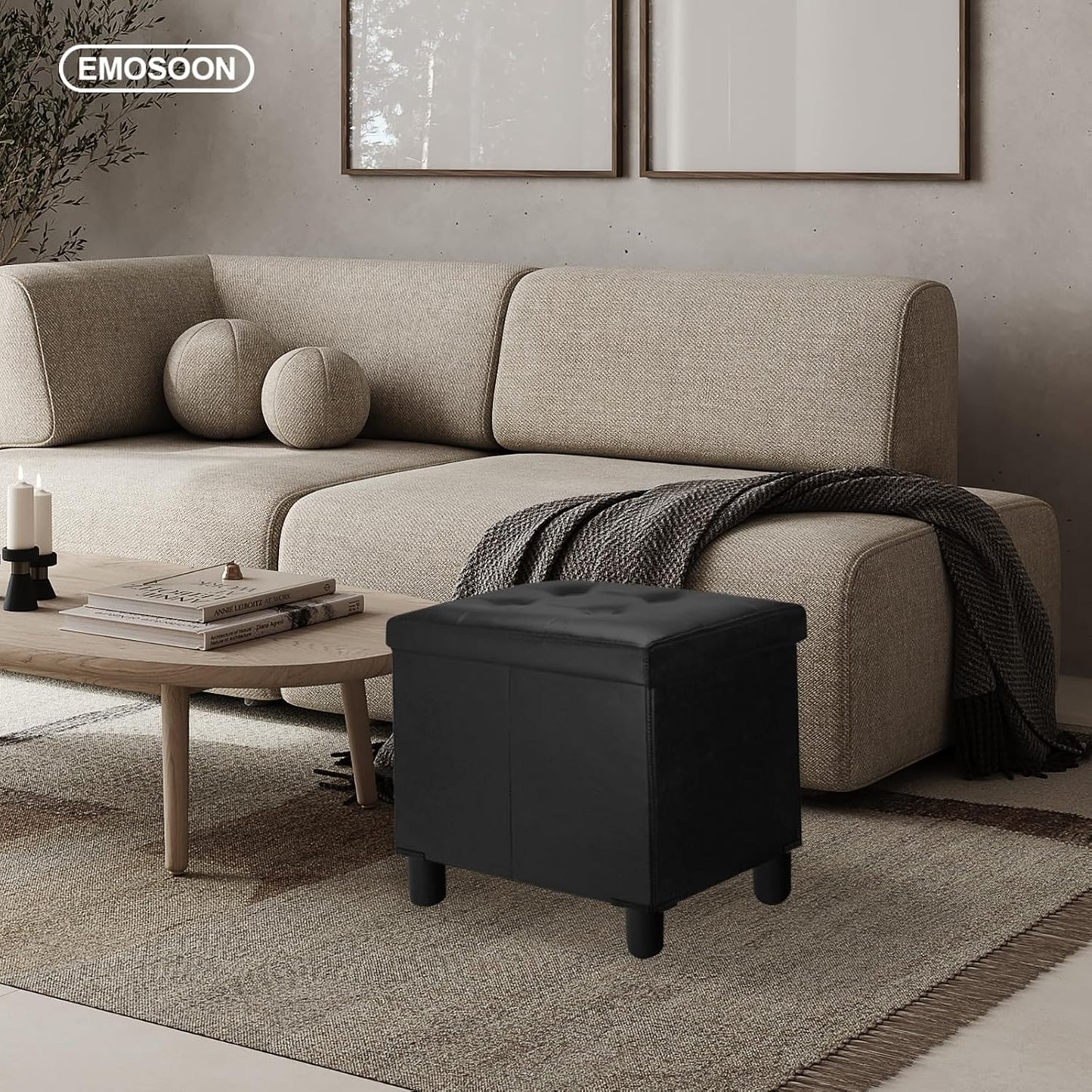 18 Inches Cube Storage Ottoman, Faux Leather Collapsible Square Folding Ottoman Furniture with Storage for Living Room Bedroom, Foot Rest Foot Stool with Legs, Black 18x18x18 Inches