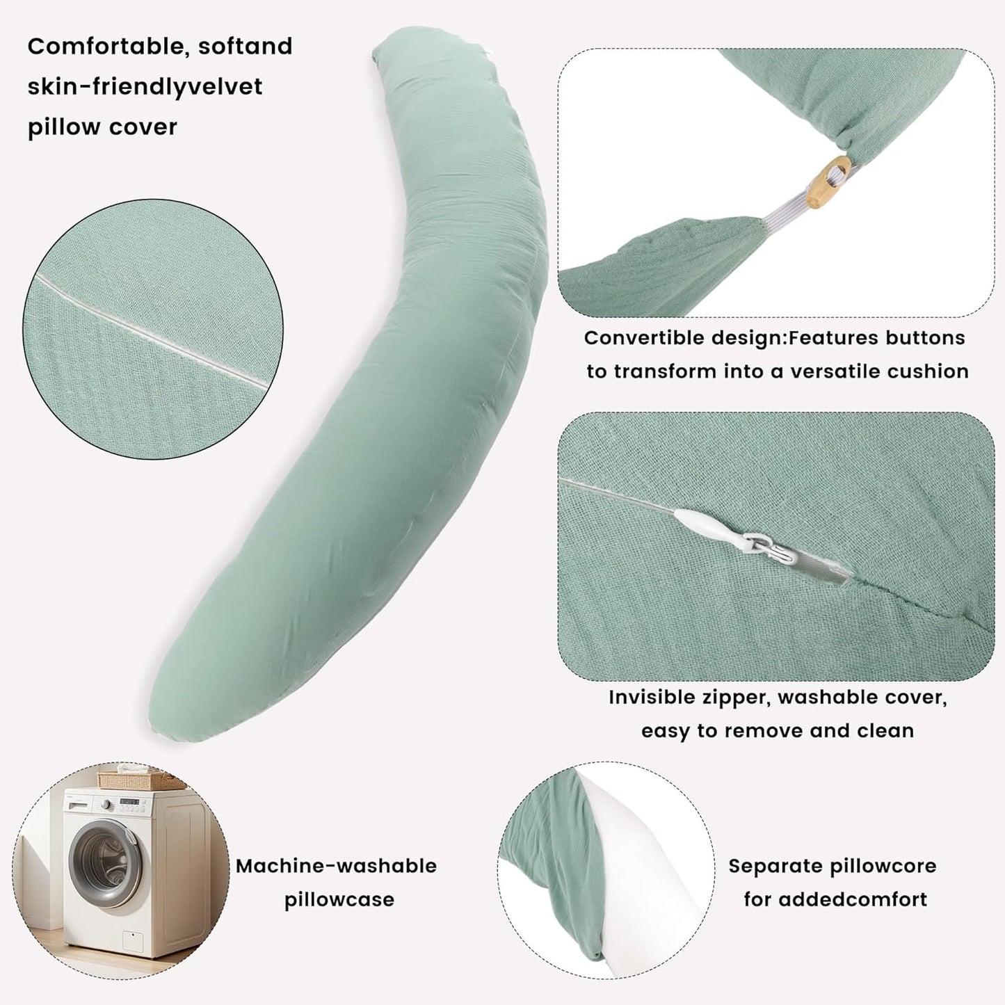 Pregnancy Pillow for Side Sleeping, 74 Inch C Shaped Long Body Pillow, Sleep Bolster Pillow, Maternity Body Pillow with Removable Cover, Soft and Supportive, Light Green