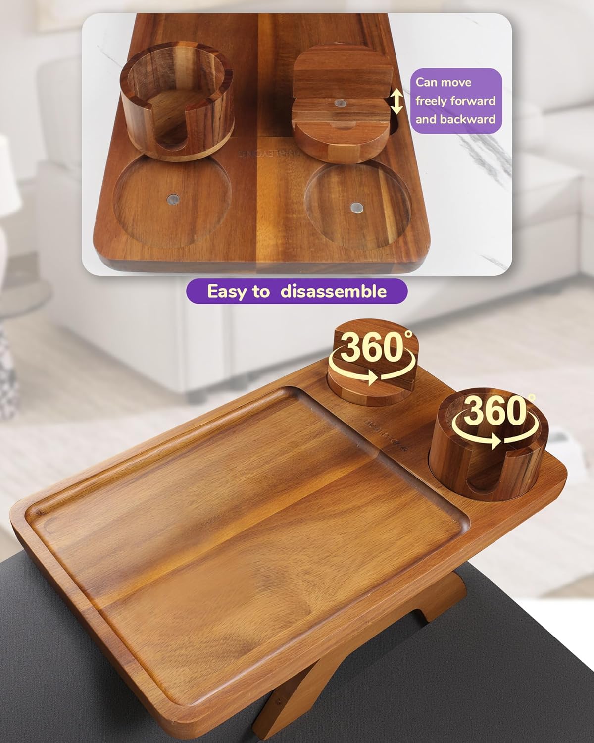 Couch Arm Tray Table with Cup Holder & Adjustable Phone Stand – Foldable Acacia Wood Sofa Arm Clip Table for Wide Couches, Recliners, and Living Room Use