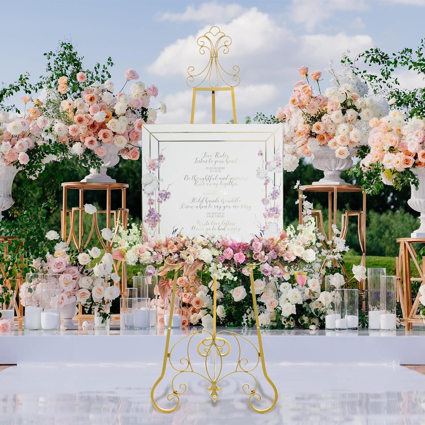 Gold Easel Stand for Wedding Sign, 57'' Adjustable Vintage Scroll Floor Display Stand with Chain Support for Welcome Poster, Photo, Art, Decorative Event Display