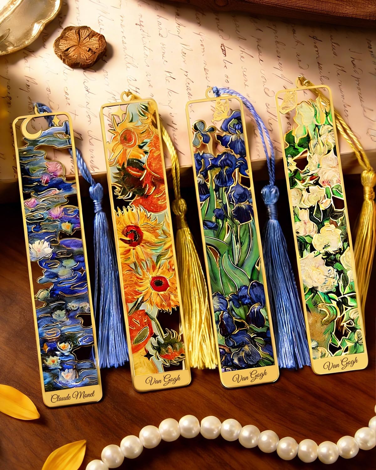 4 Pieces Metal Bookmarks with Tassel, Golden Hollow Bookmark Van Gogh Monet Oil Painting Theme Book Marker for Book Lovers Writers Readers Children Teens Men Women Adults