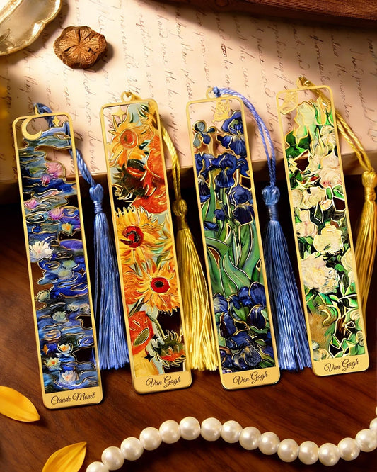 4 Pieces Metal Bookmarks with Tassel, Golden Hollow Bookmark Van Gogh Monet Oil Painting Theme Book Marker for Book Lovers Writers Readers Children Teens Men Women Adults