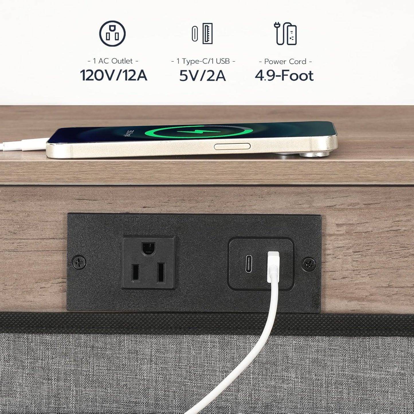 HOOBRO C Shaped End Table with Charging Station, 30” Adjustable Height Sofa Side Table with Storage Pocket, Slide Under Couch Table for Sofa Arm Tray, for Living Room, Bedroom, Greige BG77USF01