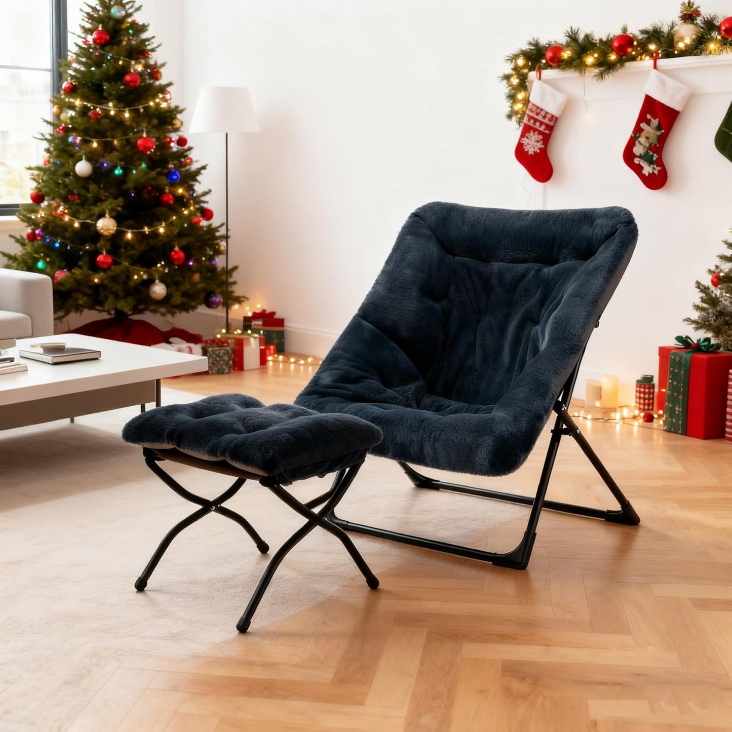 HollyHOME X-Large Saucer Chair with Foldable Ottoman, Comfy Oversized Folding Chair and Folding Footrest Stool Set, Faux-Fur Reading Chair and Footstool for Living Room, Navy Blue Chair&Stool