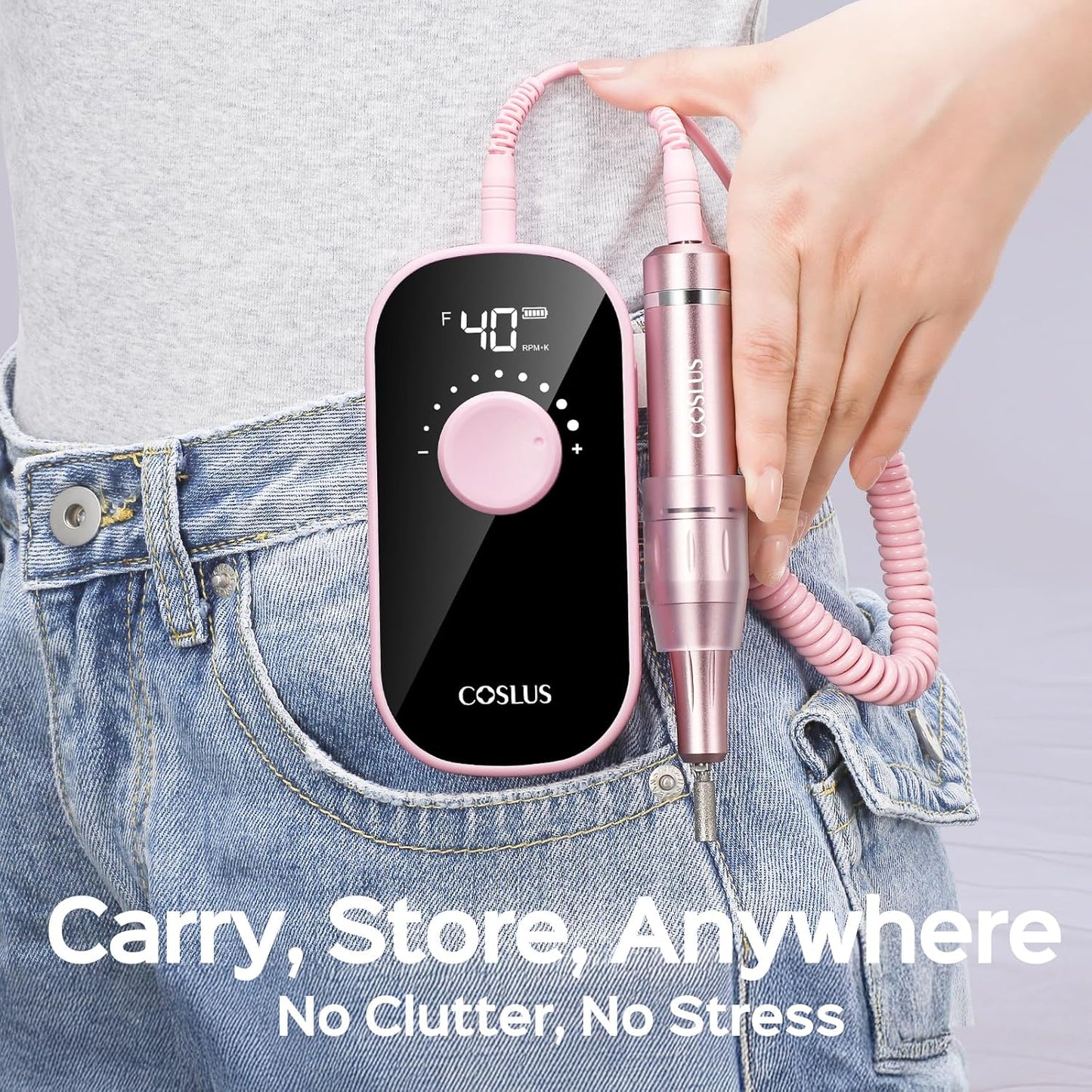COSLUS Professional Rechargeable Electric Nail Drill 40000 RPM, Portable Nail File with Storage Stand for Acrylic Gel Polishing Removing - Easy to Use for Women, Manicure at Home DIY or Salon, Pink