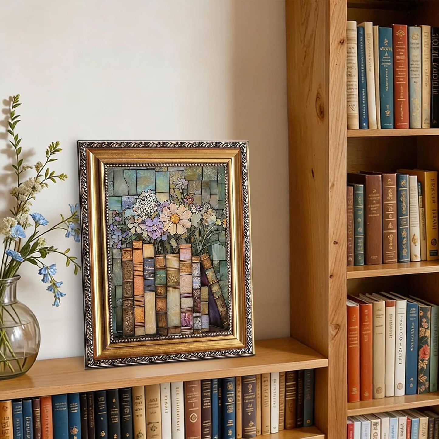 KBKBART Vintage Gold Framed Book Wildflower Wall Art Moody Stained Glass Book Lover Wall Decor Painting Poster Canvas Prints for Bedroom Living Room Office 9x12 inch