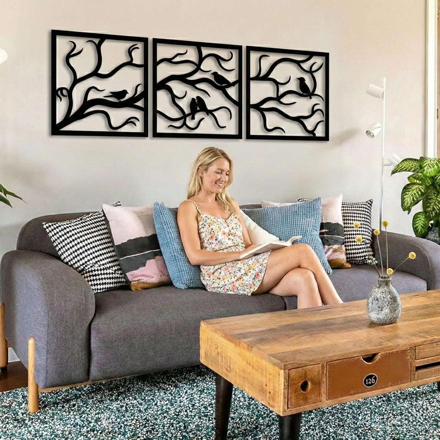 Metal Wall Art, Birds on Branch 3 Pieces, Tree Wall Art, Tree Sign, Wall Decor, Interior and Outdoor Decoration, 3 Panels Wall Hangings (40"W x 13"H / 102x33cm)