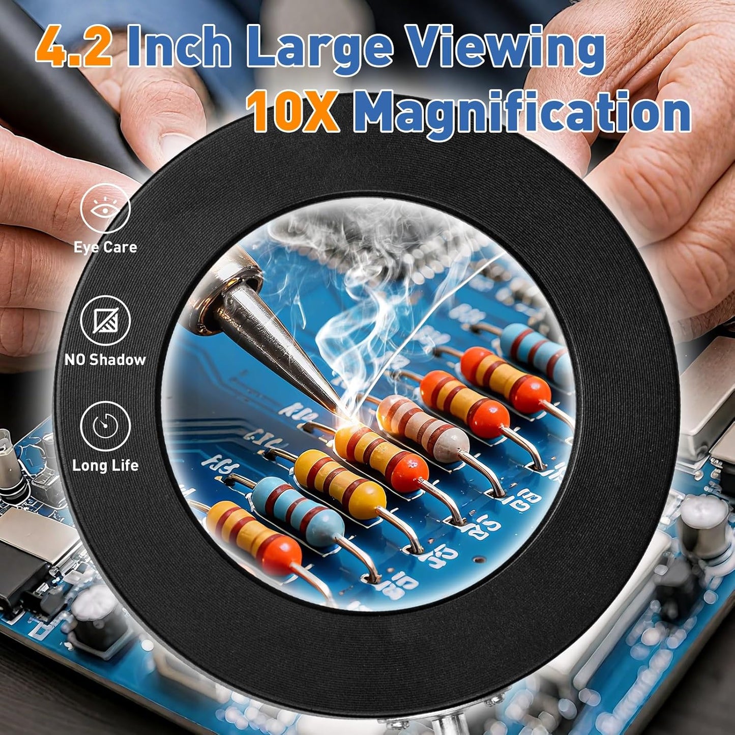 HITTI 10X Magnifying Glass with Light, 1,800 Lumens Stepless Dimmable, 3 Color Modes, 4.2″ Real Glass Lens LED Desk Lamp & Clamp, Magnifier Light and Stand for Crafts, Soldering, Fly Tying, Close Work